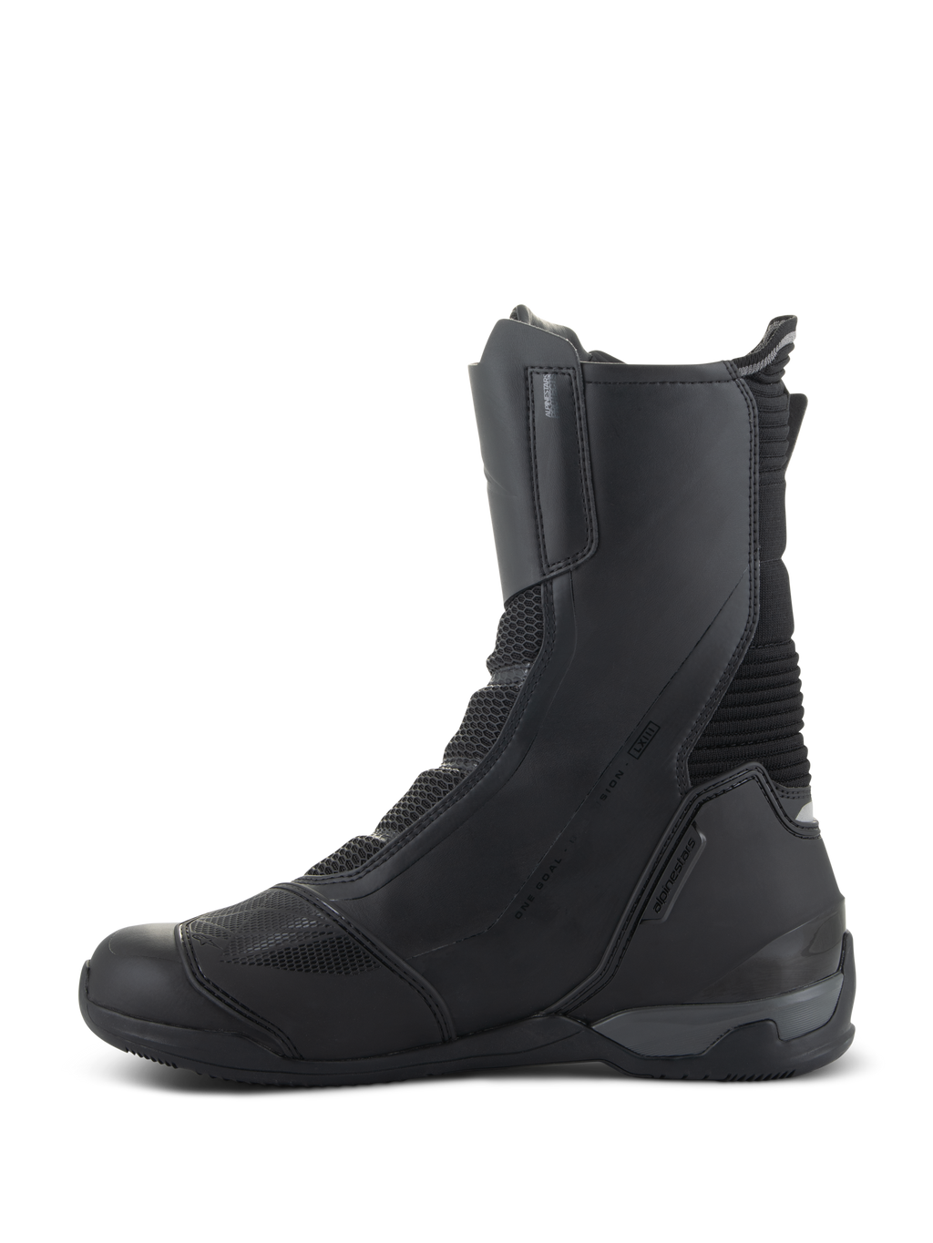 Alpinestars SP-X BOA Drystar Stiefel, mittelhohe Sport-Touring-Motorradstiefel, Schwarz, mediale Seitenansicht mit Mikrofaser- und Mesh-Konstruktion, verstärkter Fersenkappe und schlankem, schützendem Design für Straßenfahrten