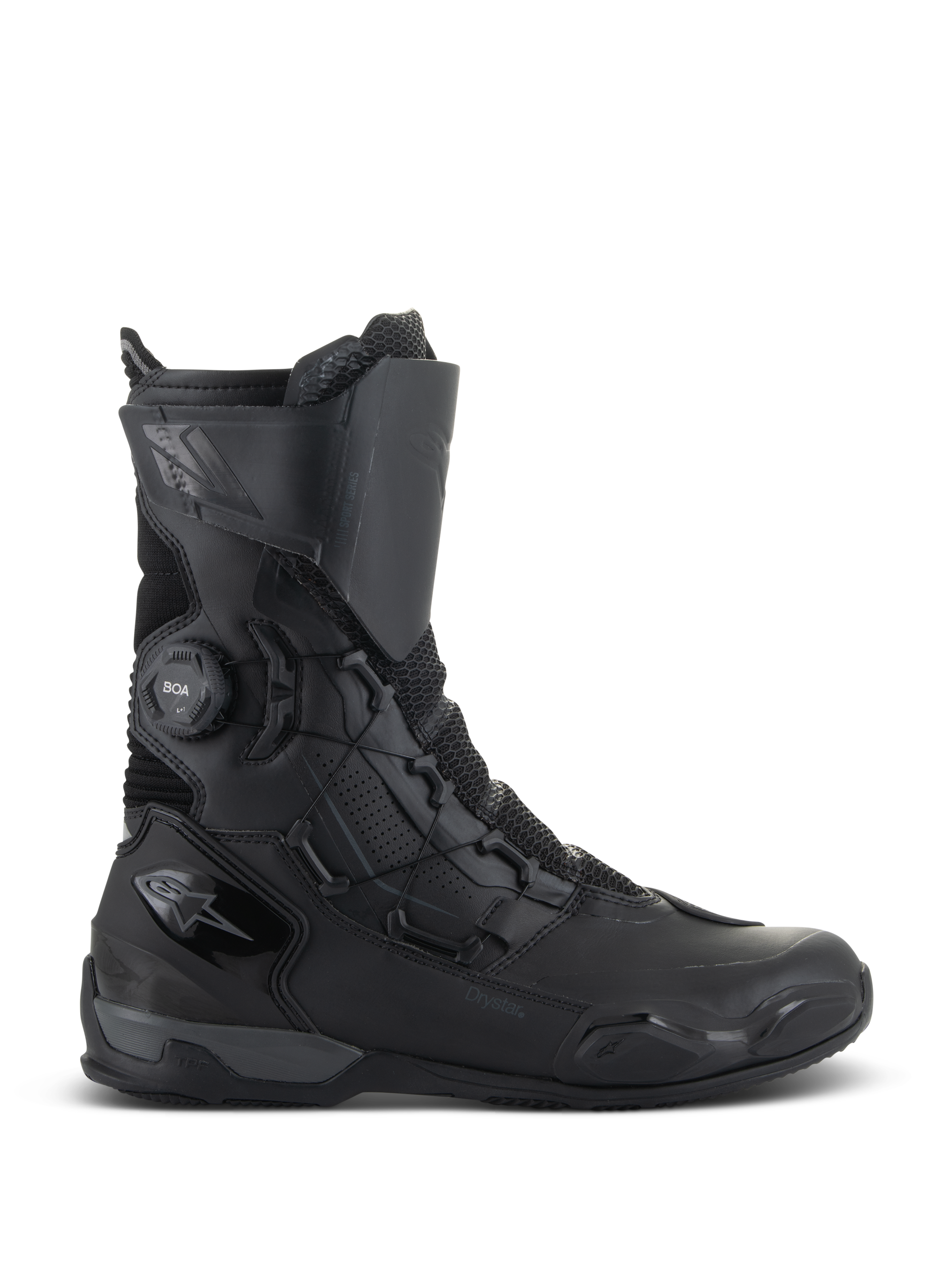 Alpinestars SP-X BOA Drystar Stiefel, Motorrad-Tourenstiefel, Schwarz und Dunkelgrau, Seitenansicht mit BOA Speed Lace System und Drystar-Branding, mittelhohes wasserdichtes Design mit Mesh- und TPU-Verstärkungen