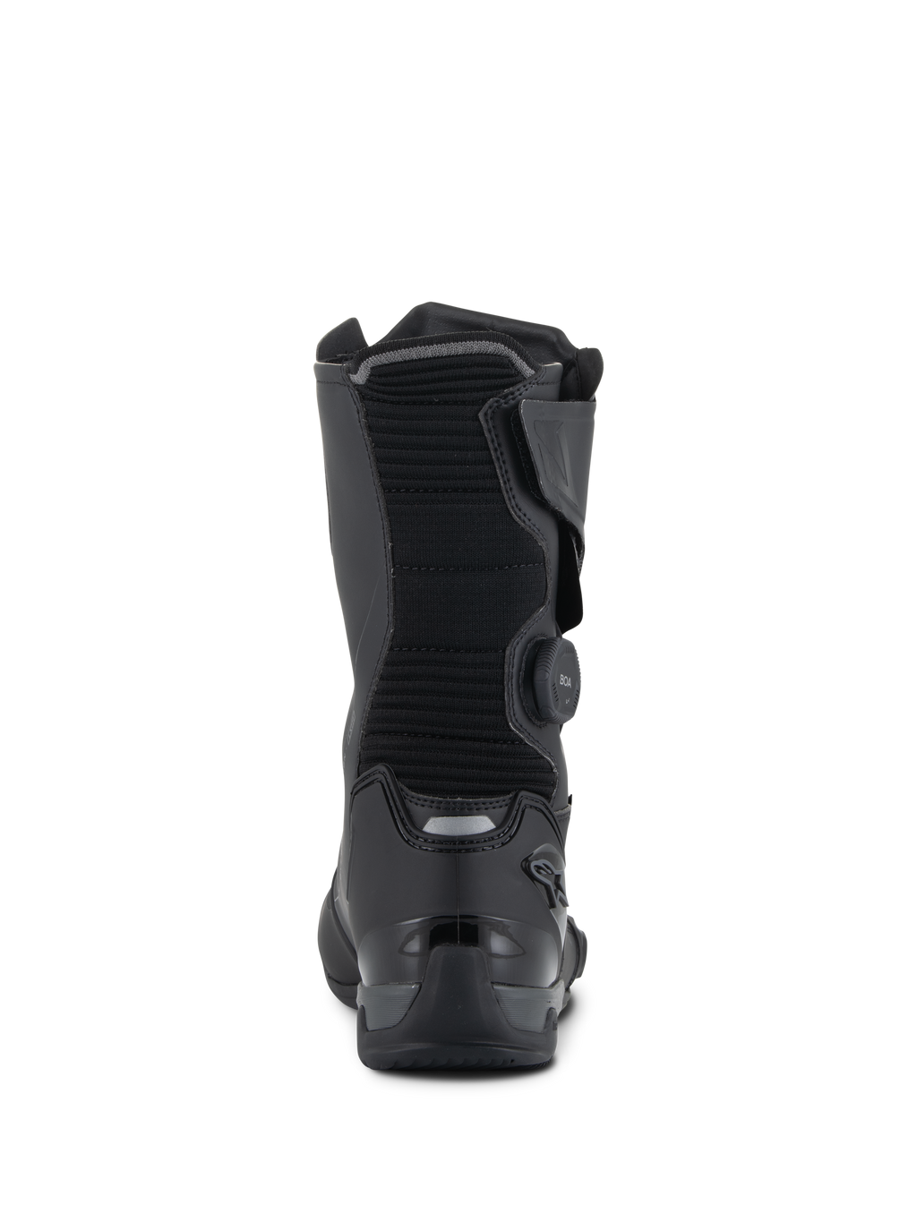 Alpinestars SP-X BOA® Drystar® Stiefel, Schwarz und Dunkelgrau, Rückansicht mit gerippter Textilwade, seitlichem BOA-Drehverschluss und verstärkter TPU-Fersenkappe mit reflektierenden Details, technisches Sport-Touring-Schuhwerk
