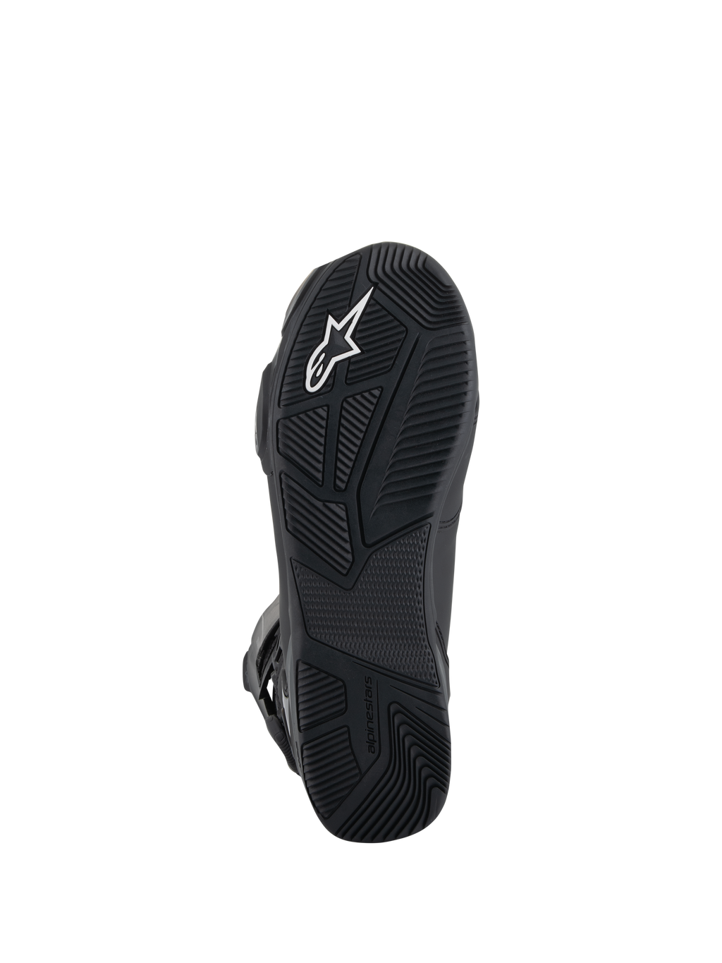 Alpinestars SP-X BOA® Drystar® Stiefel, Motorradstiefel, Unteransicht der schwarzen Gummisohle mit strukturierten Gripmustern, weißem Astar-Logo und geprägtem Branding für Traktion und Stabilität