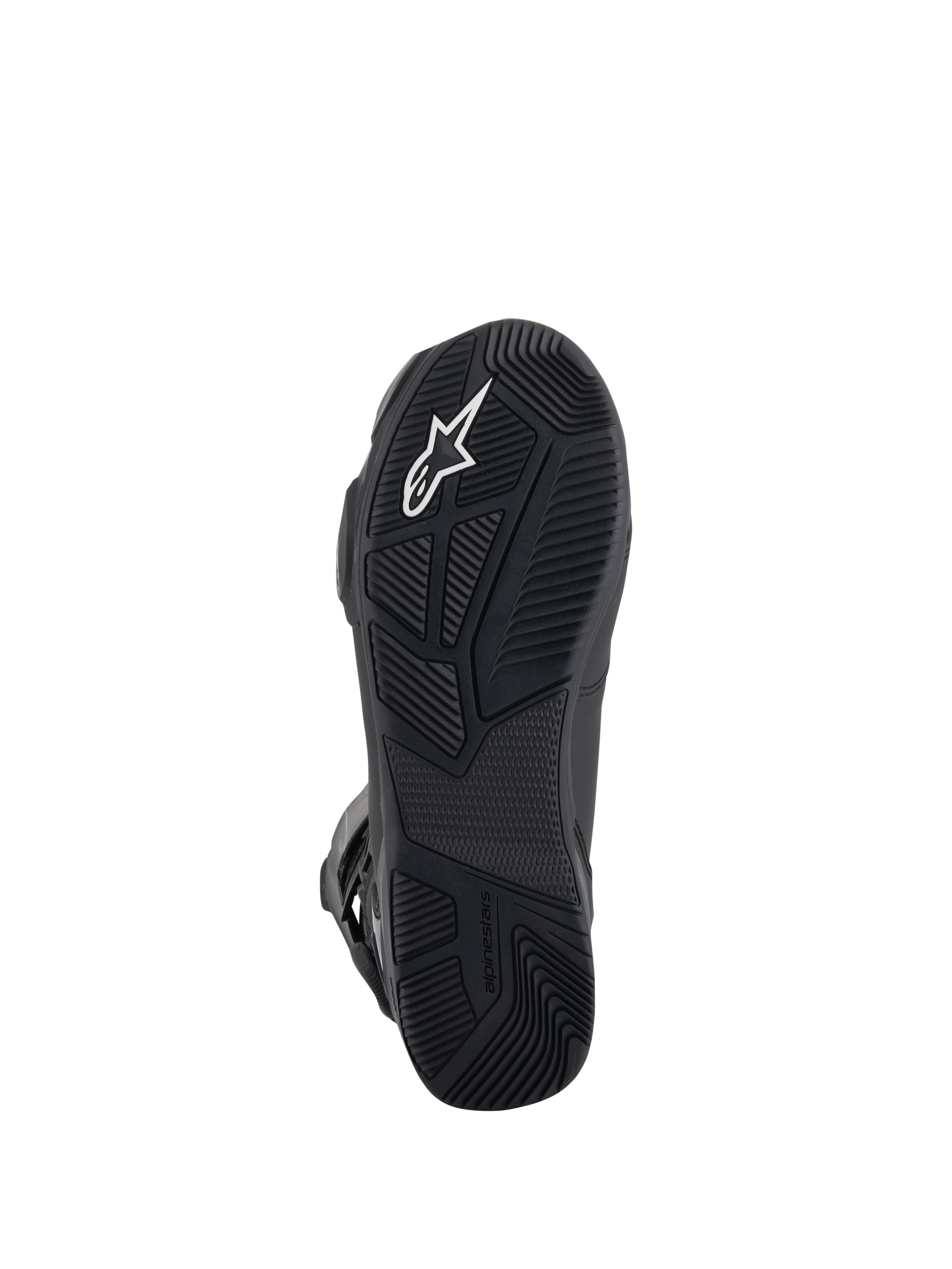 Alpinestars SP-X BOA® Drystar® Stiefel, Motorradstiefel, Unteransicht der schwarzen Gummisohle mit strukturierten Gripmustern, weißem Astar-Logo und geprägtem Branding für Traktion und Stabilität