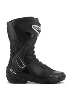 Alpinestars SMX-6 V3 Drystar Boots, Black performance motorcycle riding boots shown from a side profile, featuring white logo accents, TPU lateral ankle brace, reinforced shin plate, and flexible mesh panels.