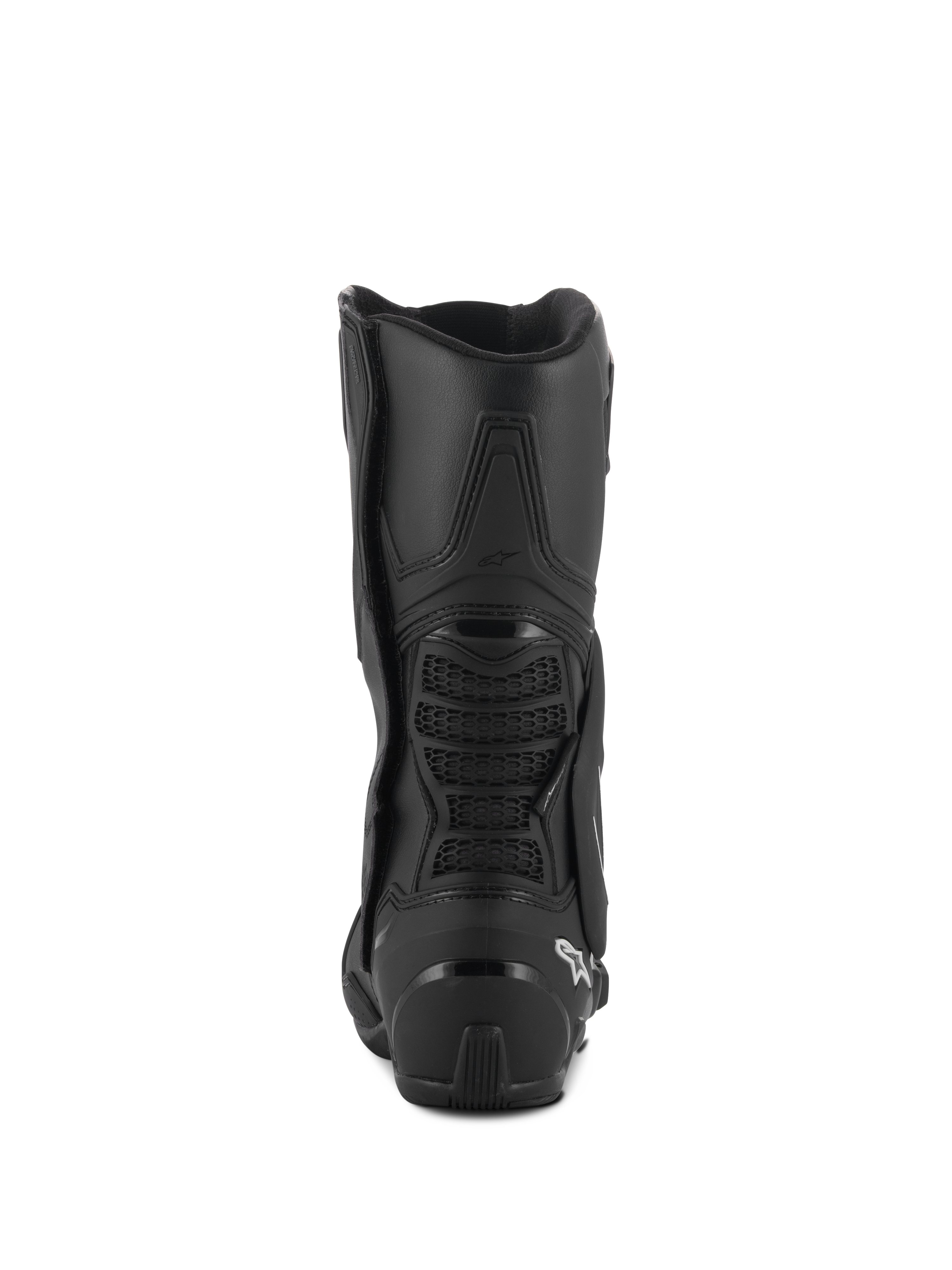 Alpinestars SMX-6 V3 Drystar® Boots, Performance Riding Boots, Black, rear view featuring TPU heel protector and back calf bridge with mesh detail, white logo on heel