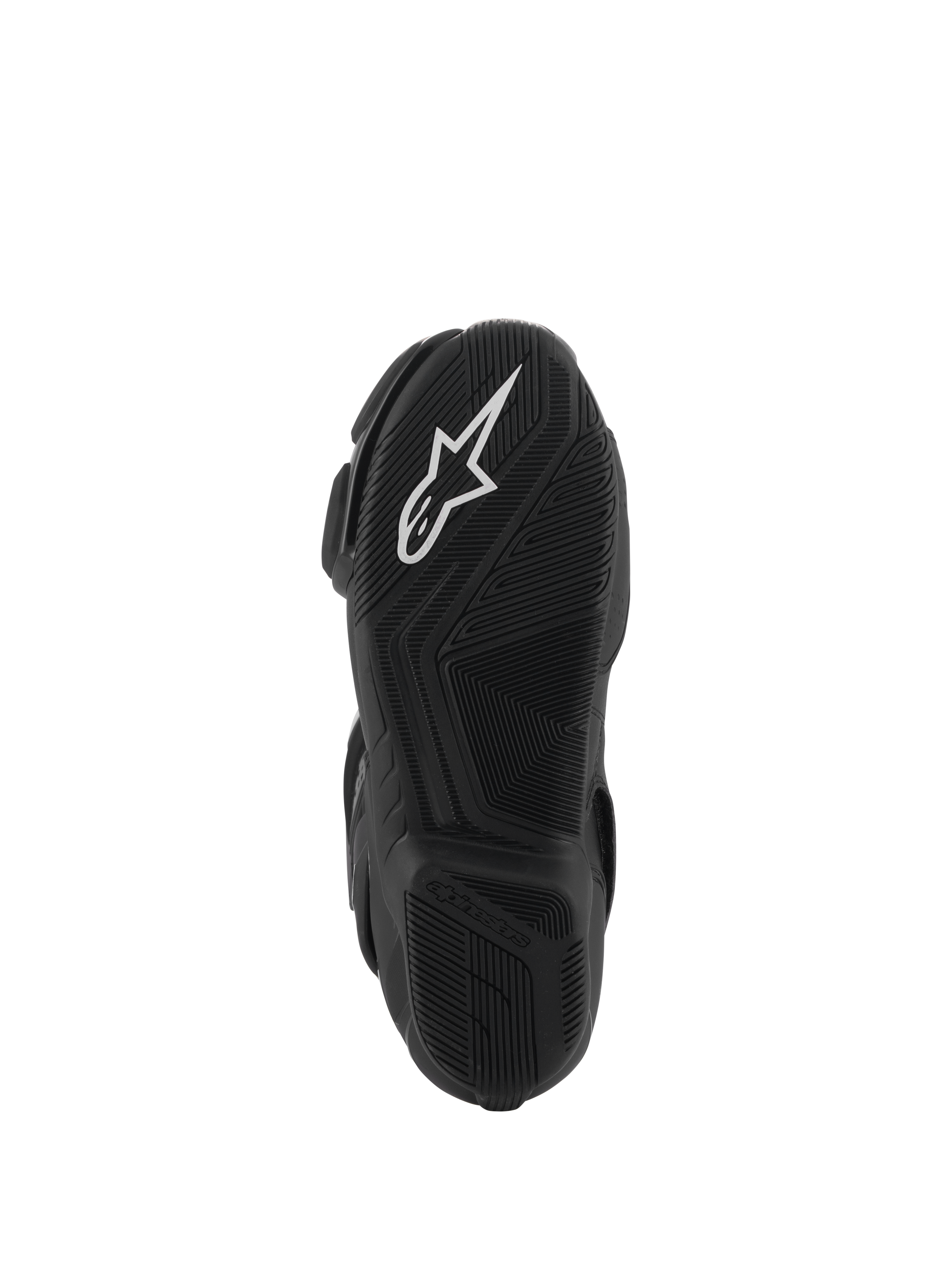 Alpinestars SMX-6 V3 Drystar® Boots, black rubber sole view, featuring a white A-star logo on the front tread and embossed Alpinestars branding on the heel, intricate textured pattern for grip and performance