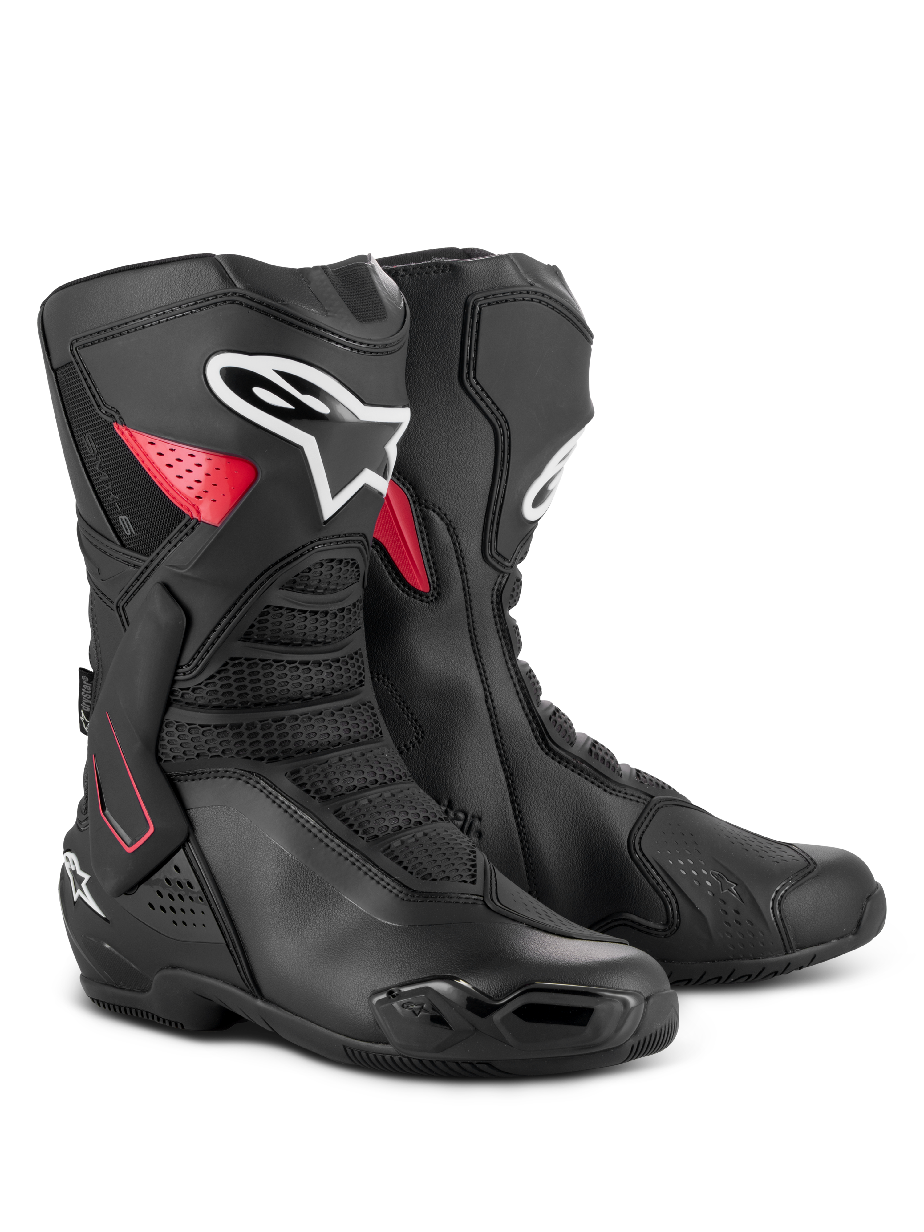Alpinestars SMX-6 V3 Drystar Boots, Waterproof Performance Riding Boots, Black and Red, featuring a TPU lateral ankle brace, reinforced shin plate, and microfiber construction for track and street riding