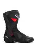 Alpinestars SMX-6 V3 Drystar Boots, motorcycle sport riding boots, black with red and white accents, side profile view, waterproof microfiber construction, TPU lateral ankle brace with red detailing, white logos on the shin and heel, integrated toe slider and mesh flex zones