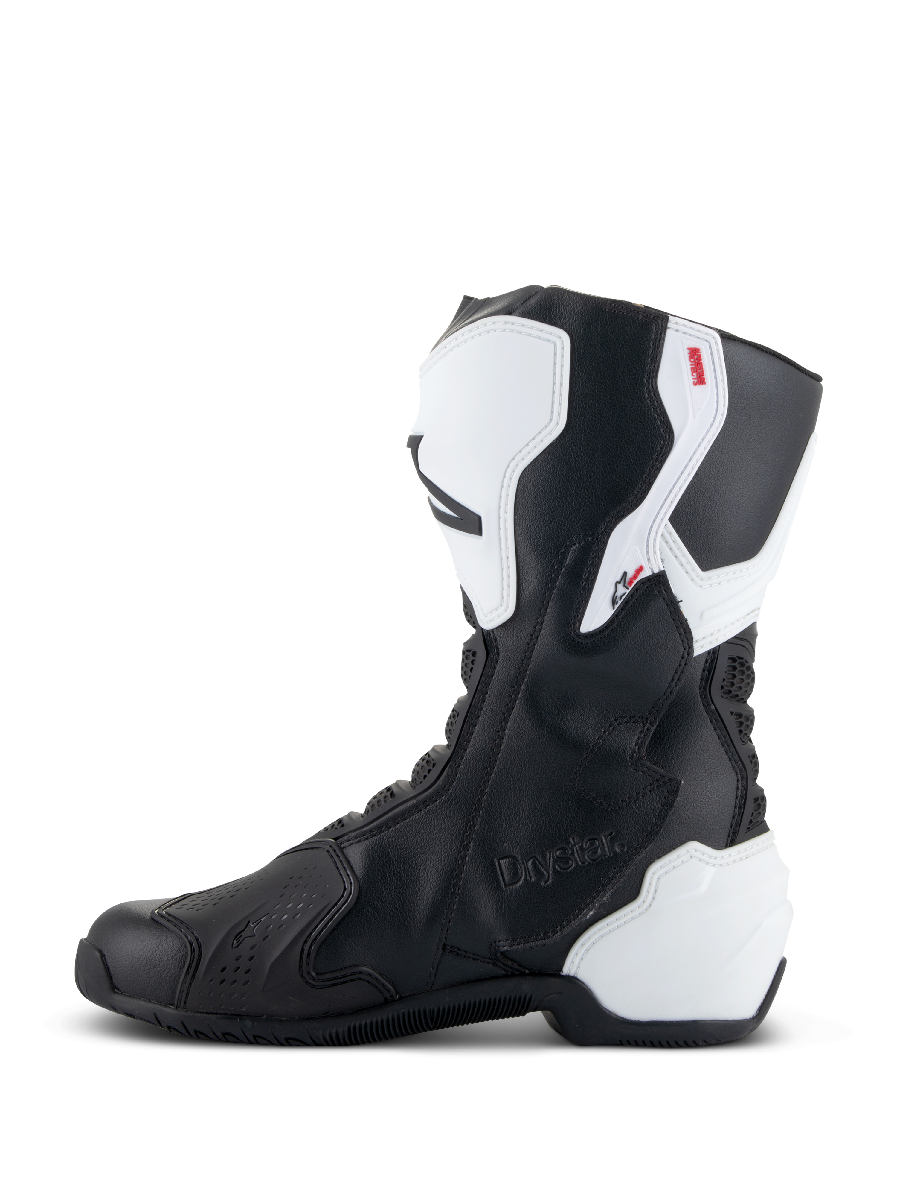 Alpinestars Stella SMX-6 V3 Drystar® Stiefel, Performance-Motorradstiefel für Damen, Weiß und Schwarz, mediale Seitenansicht mit geprägtem Drystar-Branding, weißem TPU-Schienbein- und Fersenschutz sowie geschmeidigem schwarzem Mikrofaser-Obermaterial für Performance auf Rennstrecke und Straße.