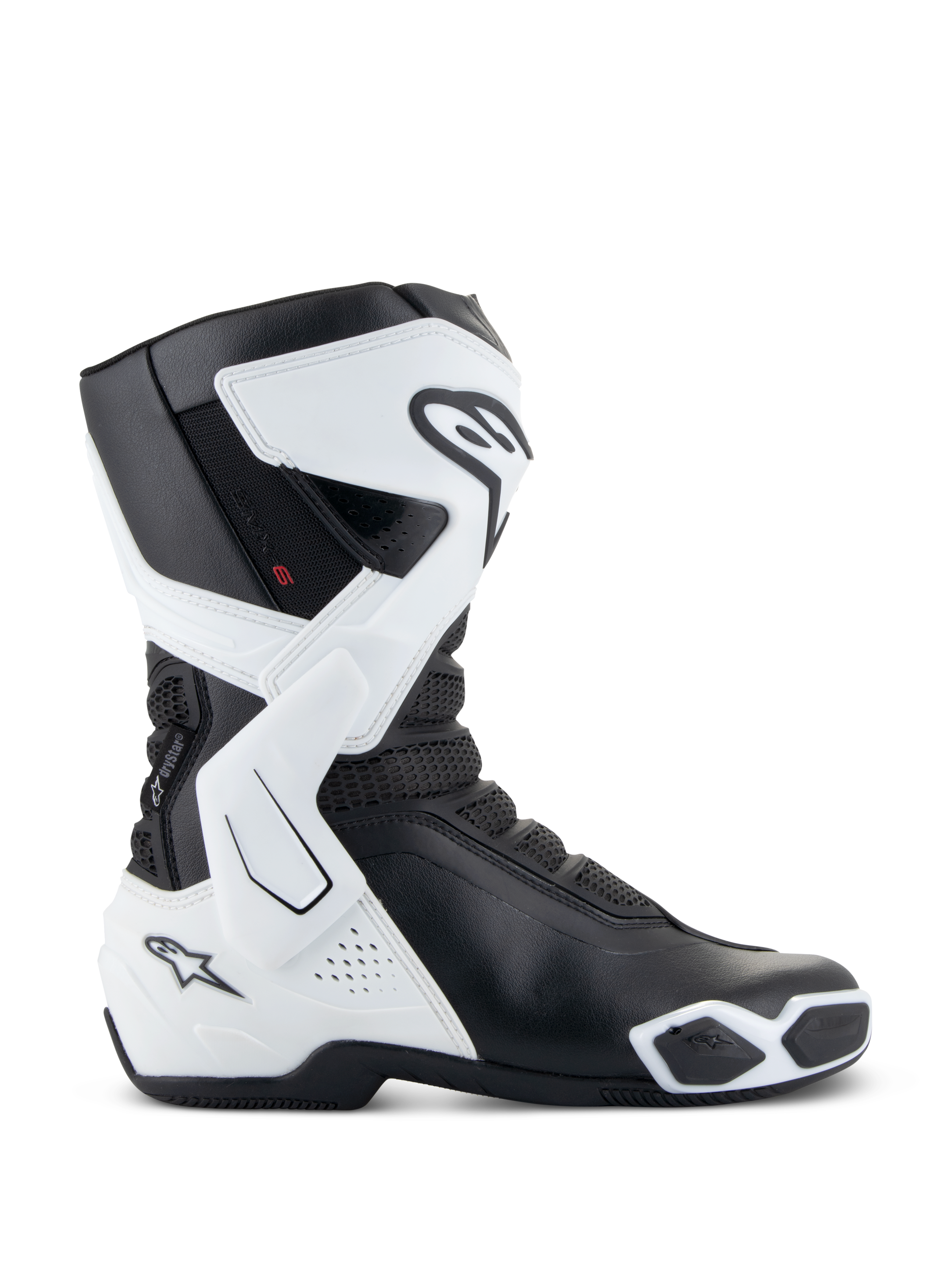 Alpinestars Stella SMX-6 V3 Drystar® Stiefel, Damen-Motorradstiefel, Weiß und Schwarz, Seitenansicht mit wasserdichter Drystar®-Technologie, TPU-Schienbein- und Knöchelschutz, Mesh-Flexibilitätszonen und ergonomischem Sport-Riding-Design