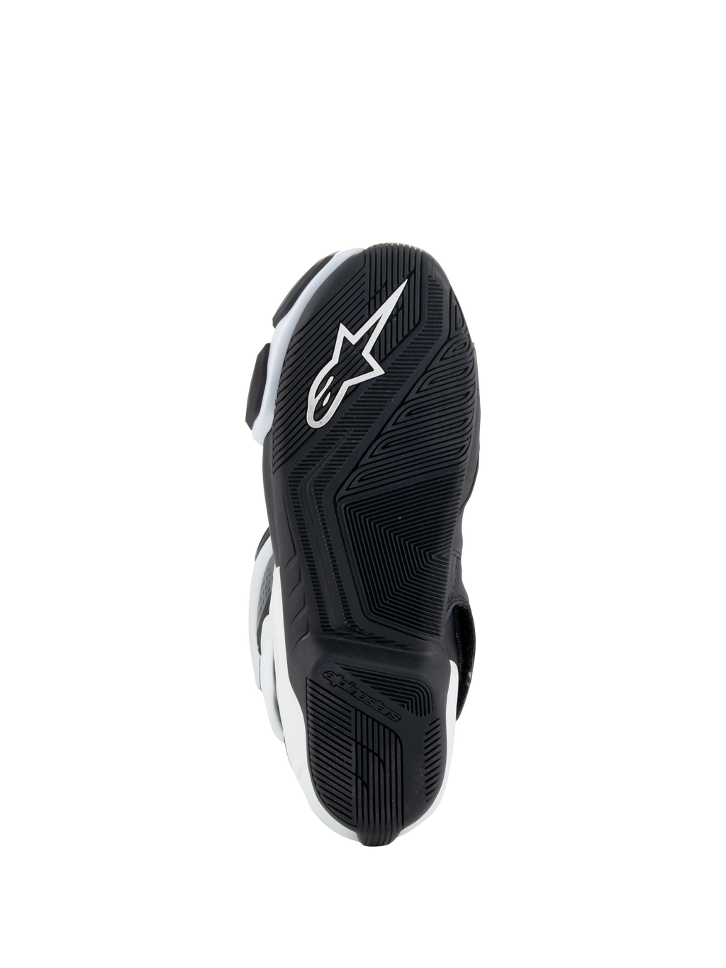 Alpinestars Stella SMX-6 V3 Drystar® Stiefel, Damen-Motorradstiefel, Weiß und Schwarz, Sohlenansicht mit einer schwarzen Gummiaußensohle mit texturiertem Profilmuster, integriertem weißen Alpinestars-Sternlogo und Branding an der Ferse