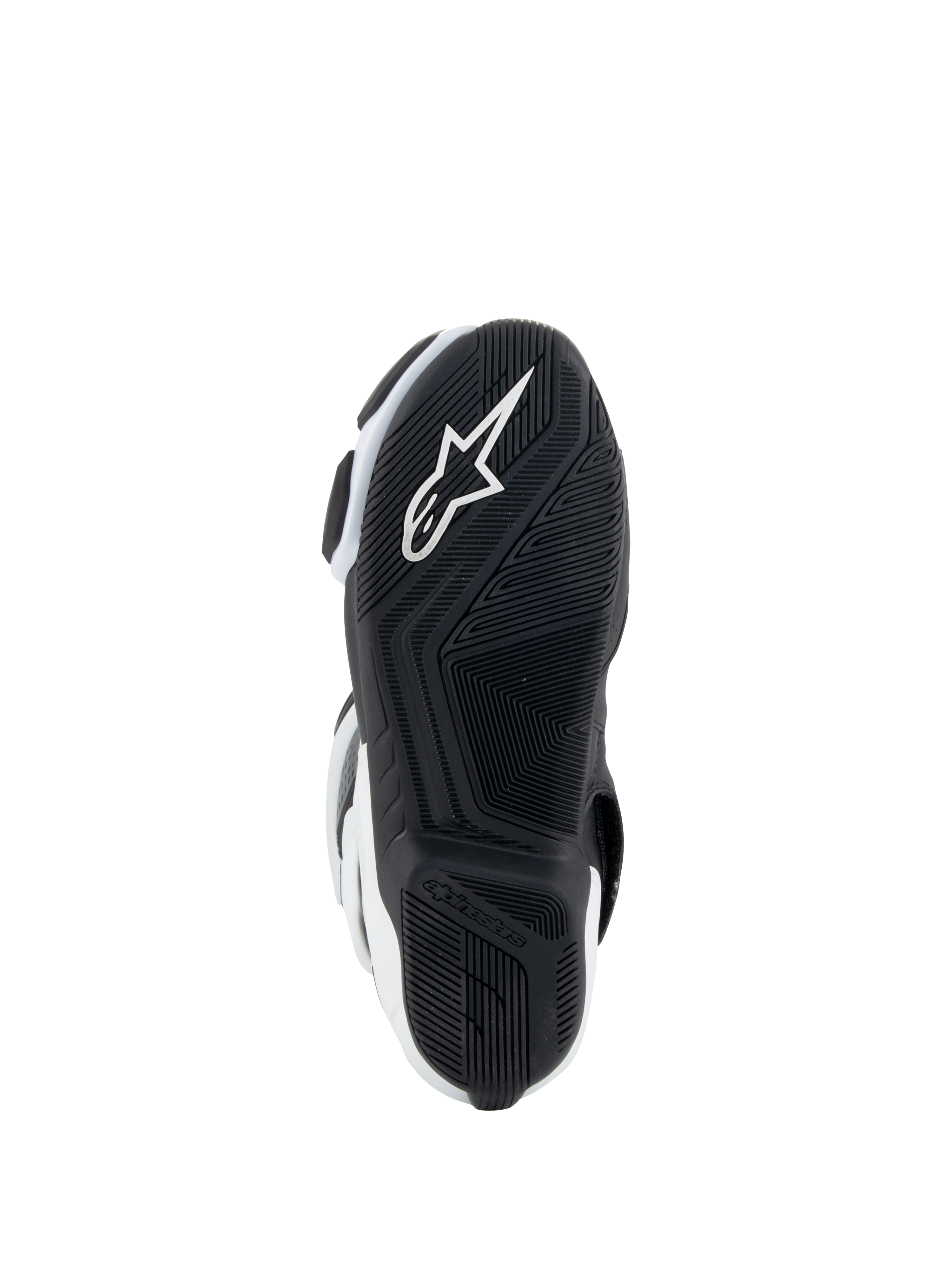 Alpinestars Stella SMX-6 V3 Drystar® Stiefel, Damen-Motorradstiefel, Weiß und Schwarz, Sohlenansicht mit einer schwarzen Gummiaußensohle mit texturiertem Profilmuster, integriertem weißen Alpinestars-Sternlogo und Branding an der Ferse