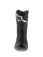 Alpinestars SMX S Waterproof Boots, Motorcycle Boots, Black, front view featuring the white Astar logo on the shin plate, accordion flex panels, and durable microfiber construction for sport-touring.