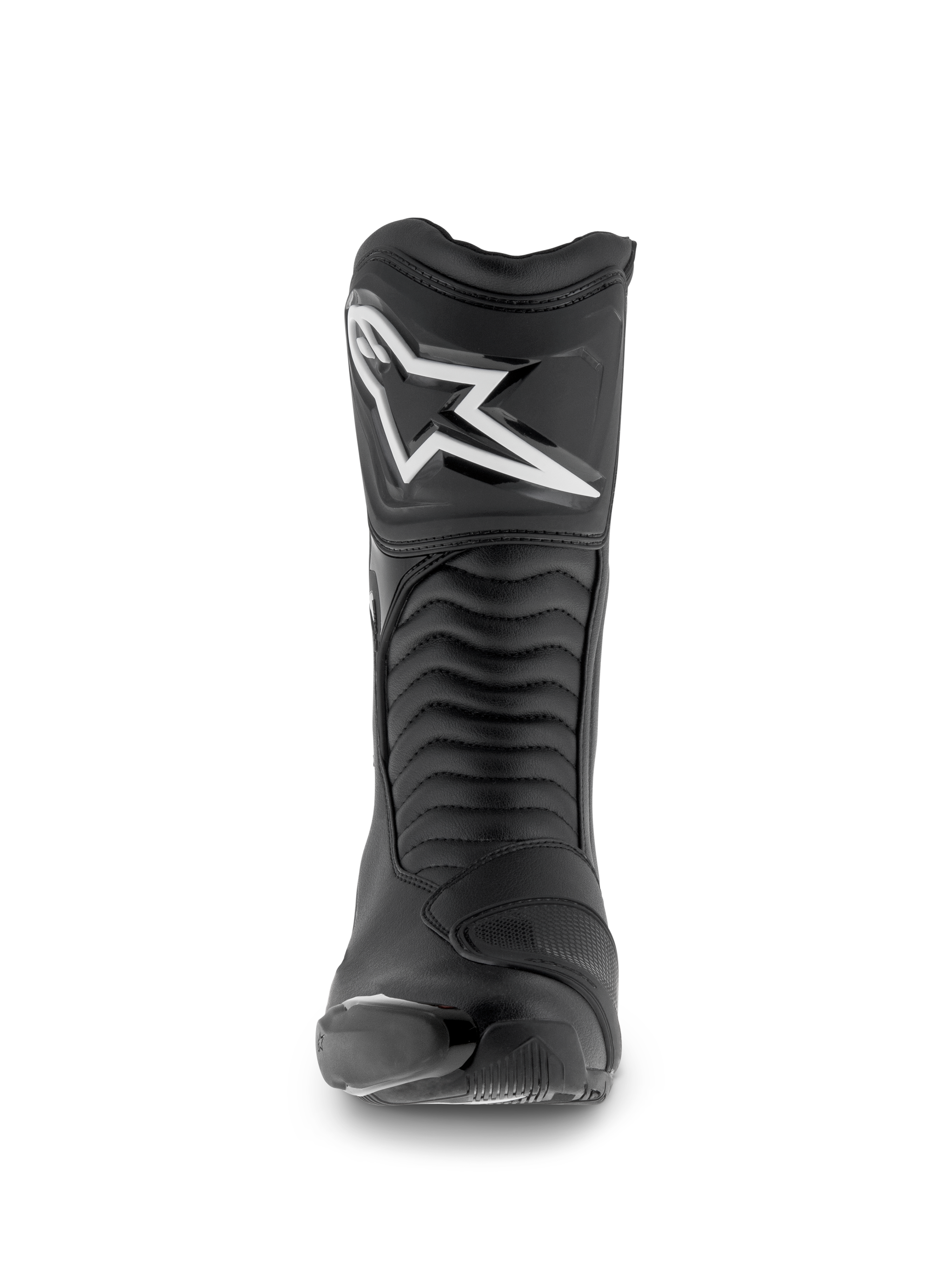 Alpinestars SMX S Waterproof Boots, Motorcycle Boots, Black, front view featuring the white Astar logo on the shin plate, accordion flex panels, and durable microfiber construction for sport-touring.