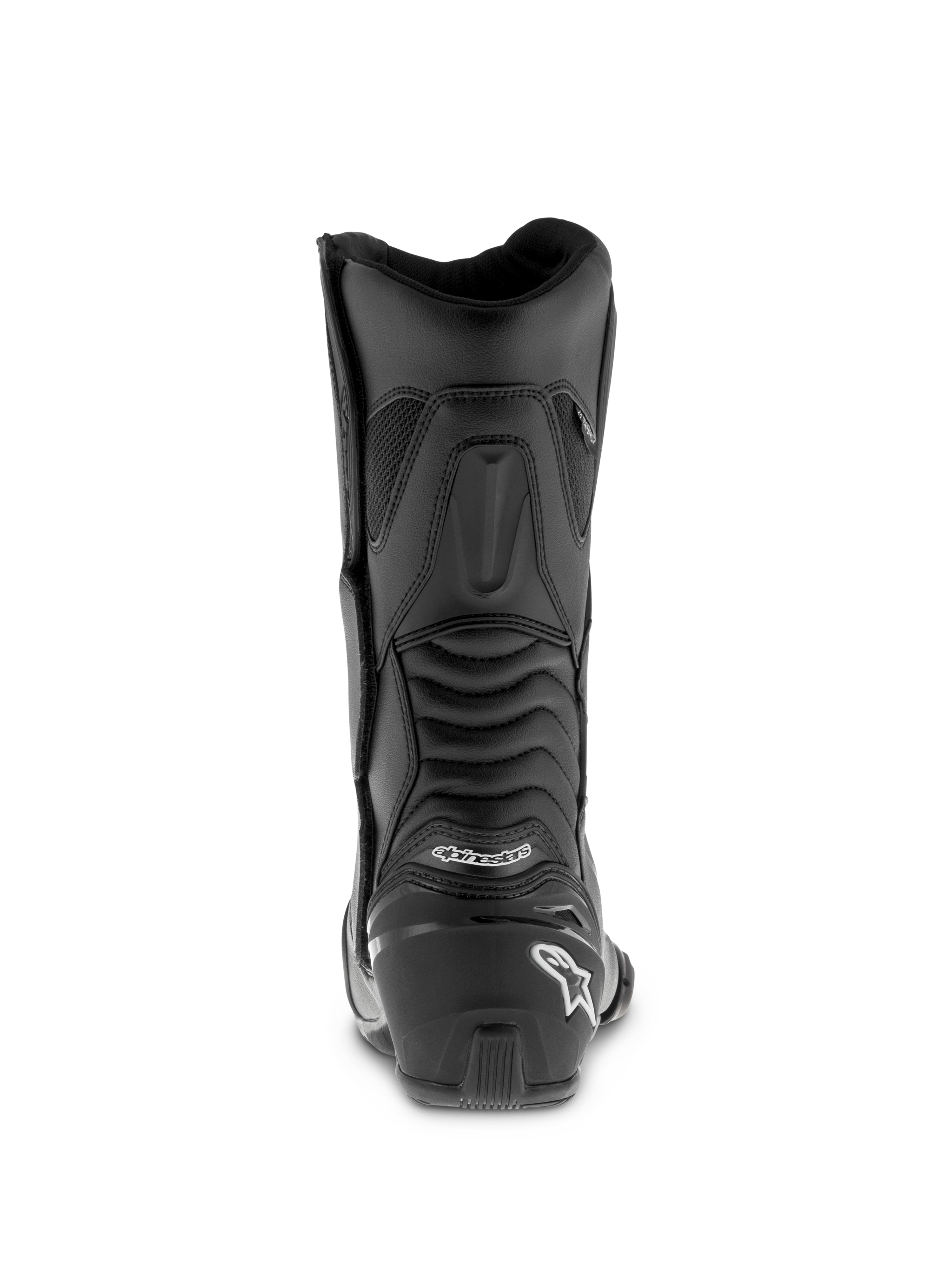 Alpinestars SMX S Waterproof Boots, Black motorcycle boots, rear profile featuring a reinforced heel counter with white logo, ribbed accordion flex panels for ankle mobility, durable microfiber construction for sport-touring.