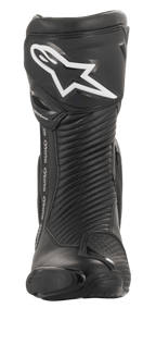 Alpinestars SMX Plus V2 GORE-TEX Boot, Motorcycle Racing Boot, Black and Silver, front view featuring a white Alpinestars logo on the shin plate, accordion flex panels, and protective toe slider.