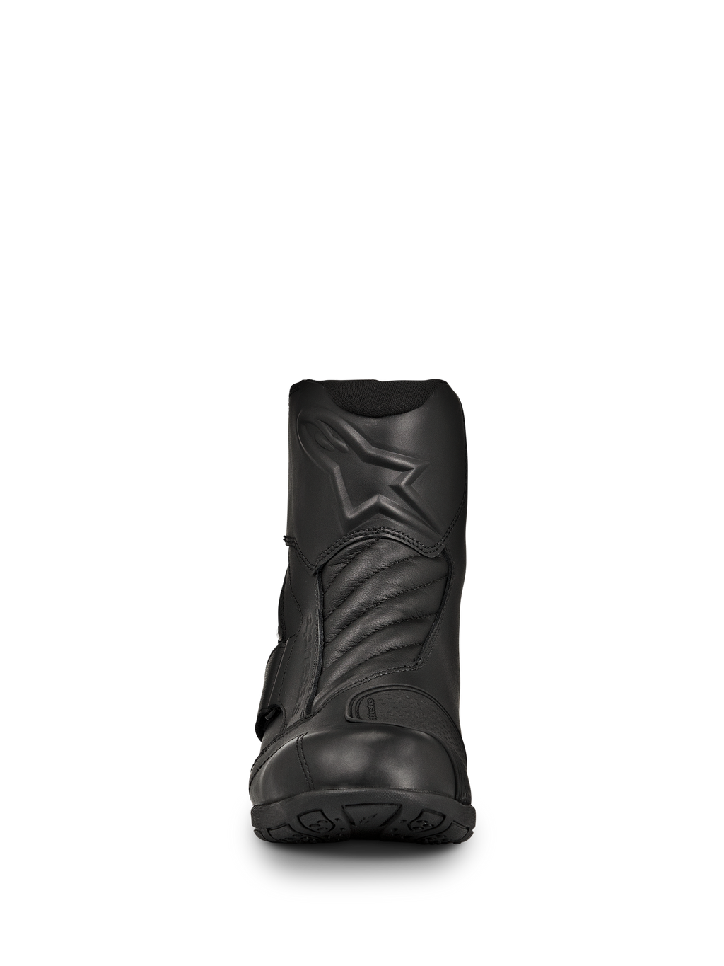 Alpinestars New Land GORE-TEX Boots, Black Road-Touring Motorcycle Boots, front view, full-grain leather construction with embossed star logo, accordion flex zones on the front, waterproof mid-length design for long-distance rides