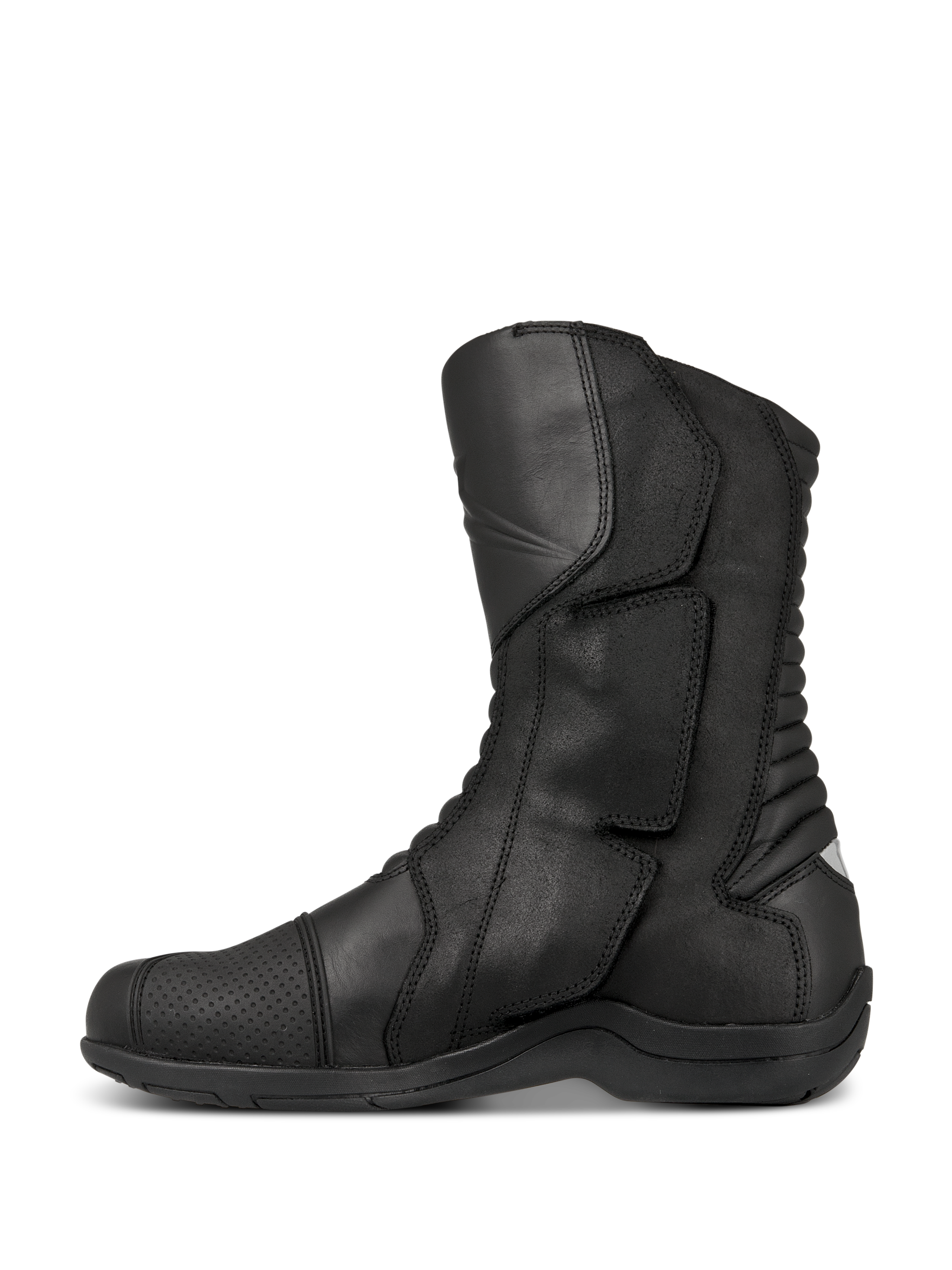 Alpinestars Web GORE-TEX Boots, Touring Motorcycle Boots, Black, side profile view showing leather construction, side-entry system with large closure flap, and rear accordion flex zones for maneuverability.