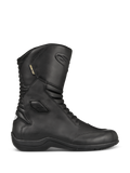Alpinestars Web GORE-TEX Boots, Black Leather Motorcycle Touring Boots, side profile view, waterproof GORE-TEX lining, reinforced ankle and toe protection, front and back accordion flex panels, durable rubber sole, sleek all-weather road gear