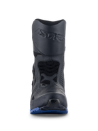 Alpinestars RT-8 GORE-TEX Boots, Motorcycle Touring Boots, Black and Blue, front-facing view featuring embossed Astars branding on the shin, protective shift pad, and a rugged blue outsole for all-terrain traction