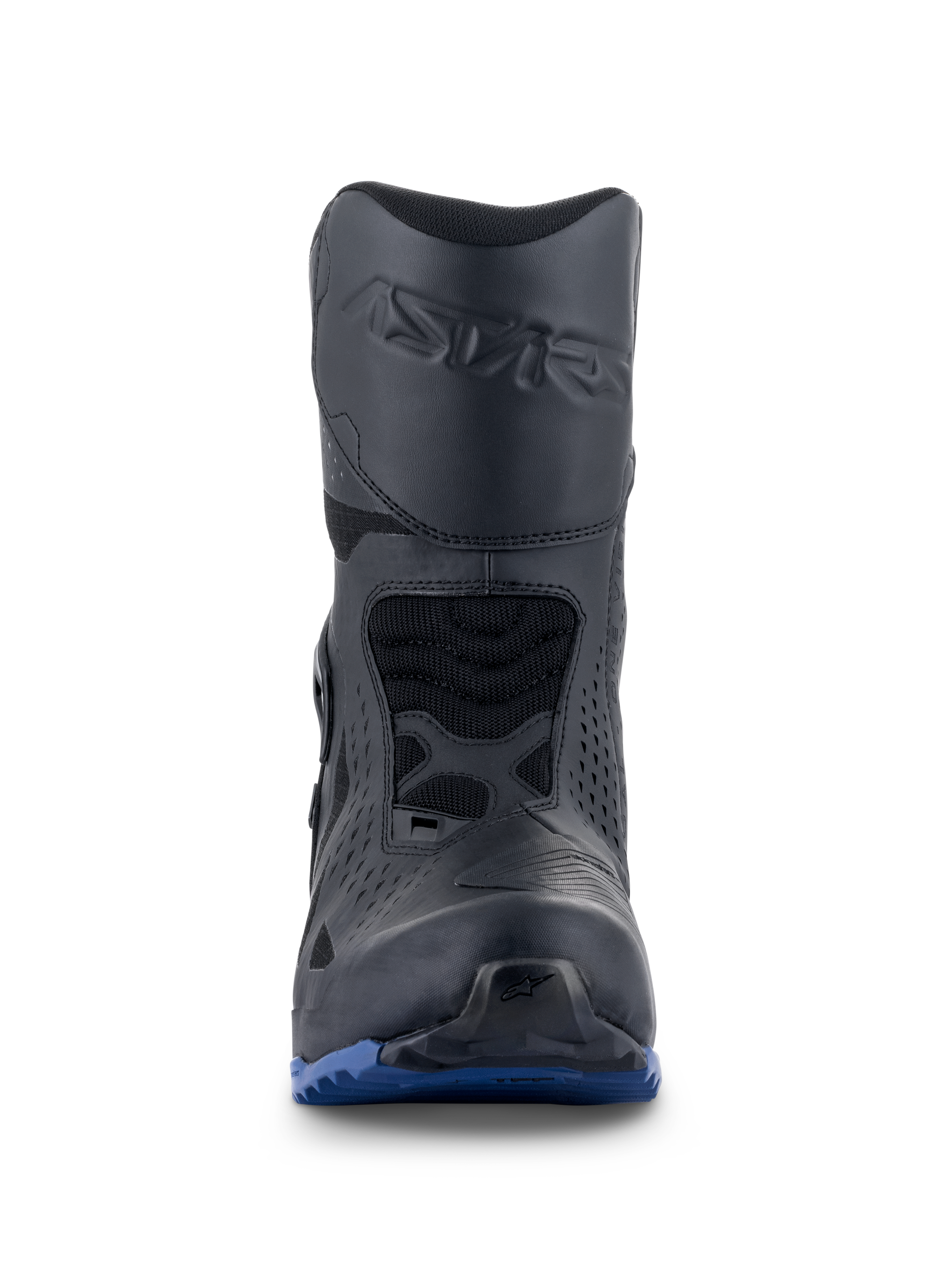 Alpinestars RT-8 GORE-TEX Boots, Motorcycle Touring Boots, Black and Blue, front-facing view featuring embossed Astars branding on the shin, protective shift pad, and a rugged blue outsole for all-terrain traction