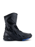 Alpinestars RT-8 GORE-TEX Boots, Motorcycle Touring Boots, Black with Blue sole accents, featuring a high-top technical design with microfiber and textile upper, triangular perforations, GORE-TEX branding, and rugged sole.