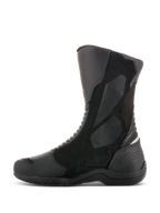 Alpinestars Air Plus V2 GORE-TEX Boots, Motorcycle Touring Boots, Black, side profile view, multi-material construction with ventilated mesh and leather panels, high-cut design with reinforced shin and heel protection for all-weather riding