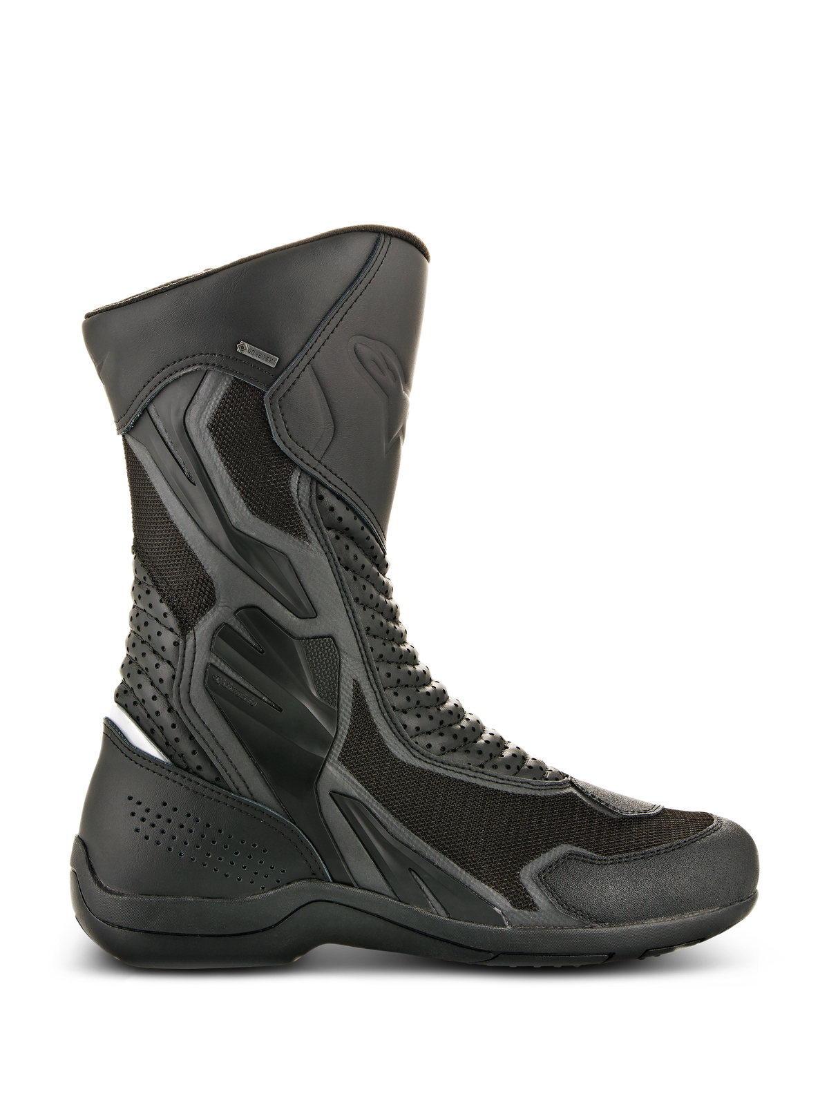 Alpinestars Air Plus V2 GORE-TEX Boots, Black Motorcycle Touring Boots, side view showing ventilated mesh and perforated leather construction, waterproof and breathable design, reinforced protection areas, sturdy rubber sole, GORE-TEX branding detail