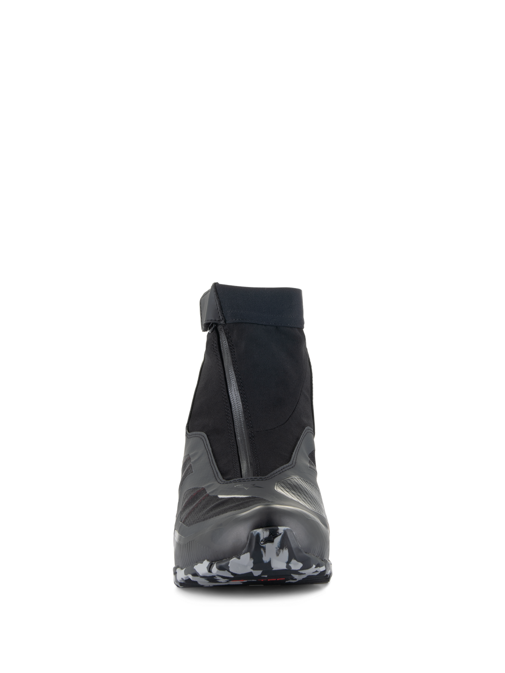 Alpinestars CR-8 GORE-TEX Shoes, Motorcycle Riding Shoes, Black Mid Gray and Bright Red, front view featuring an angled waterproof zipper and elasticated collar, camouflage-patterned sole, sleek waterproof touring design