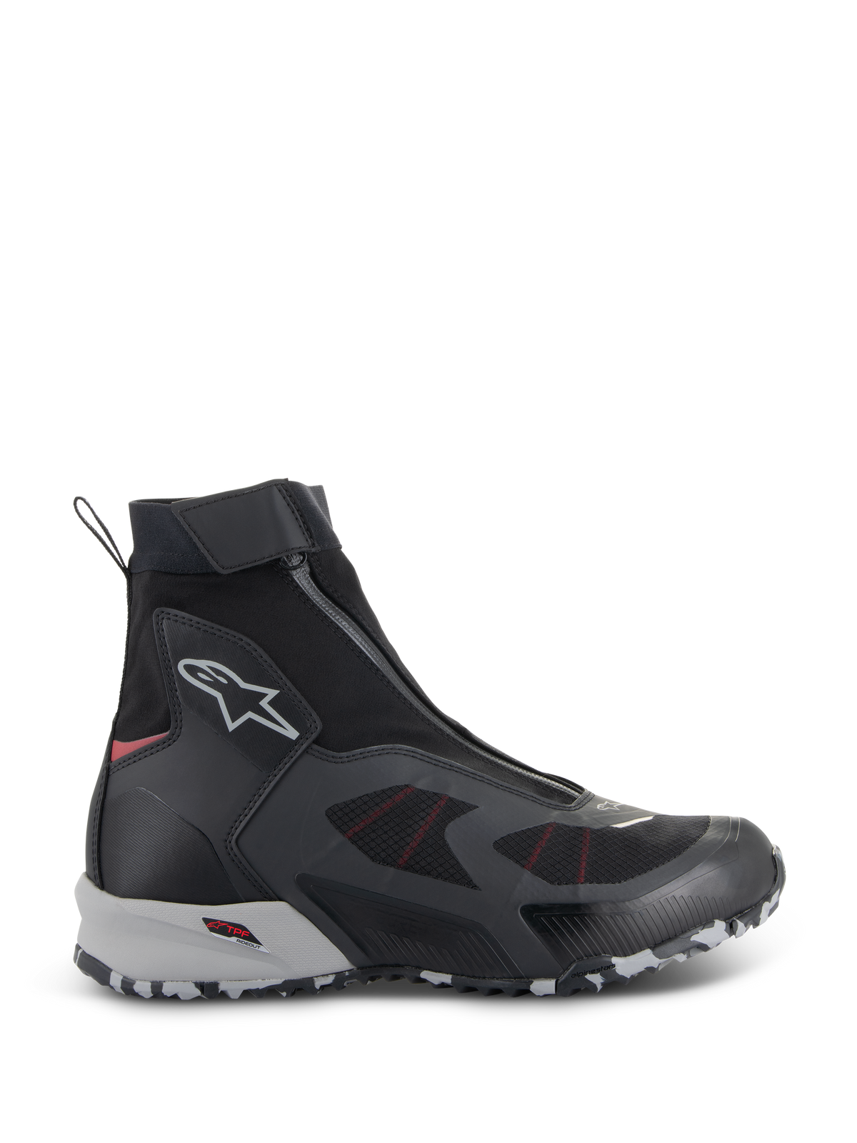 Alpinestars CR-8 GORE-TEX Schuhe, wasserdichte Motorradstiefel, Schwarz und Mittelgrau mit leuchtend roten Akzenten, High-Top-Design mit schrägem Frontreißverschluss, nahtlose Textilkonstruktion, robuste grau-weiß marmorierte Sohle.
