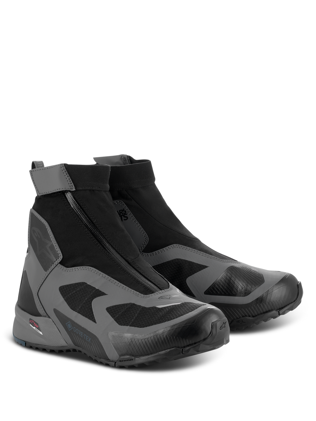 Alpinestars CR-8 GORE-TEX Shoes, Motorcycle Riding Shoes, Black Dark Gray and Petrol Blue, featuring a high-cut waterproof design with an angled zipper closure and GORE-TEX branding.