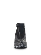 Alpinestars CR-8 GORE-TEX Shoes, Front view, Black and Dark Gray, high-cut motorcycle riding shoe featuring an angled waterproof zipper, elasticated collar, and textured sole tip, technical adventure touring footwear