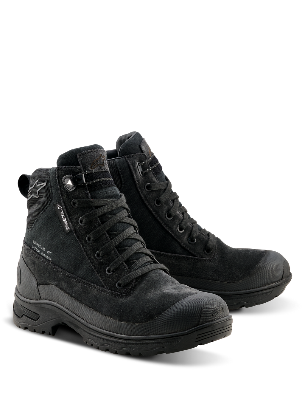 Alpinestars Woman Judy Waterproof Boots, Black motorcycle boots, combat-inspired design with lace-up closure, featuring a waterproof tag, suede and textile construction, and a durable rubber sole for riding and walking comfort