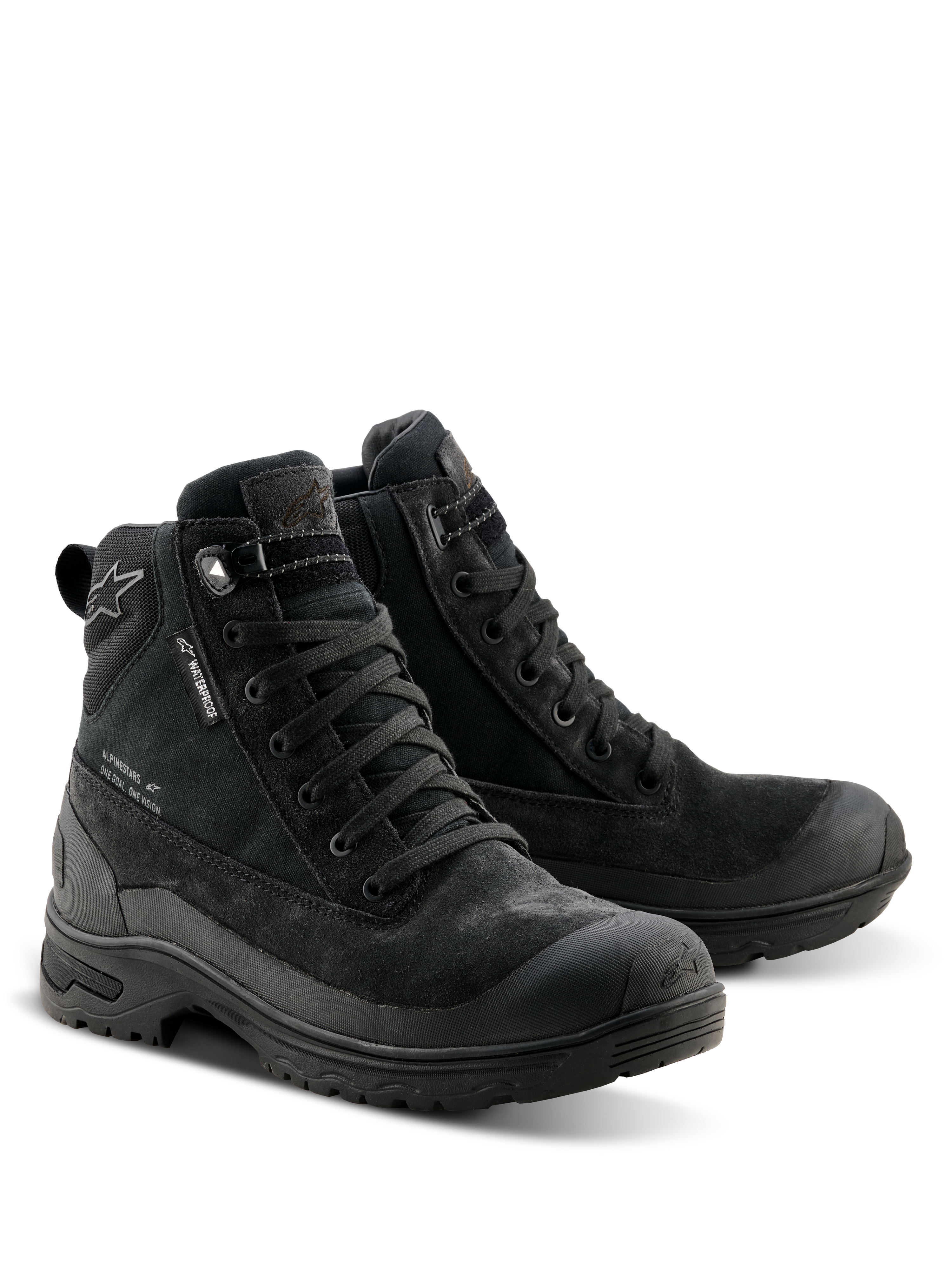 Alpinestars Woman Judy Waterproof Boots, Black motorcycle boots, combat-inspired design with lace-up closure, featuring a waterproof tag, suede and textile construction, and a durable rubber sole for riding and walking comfort