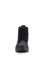Alpinestars Woman Judy Waterproof Boots, Women's Motorcycle Riding Boots, Black, front view featuring a combat-style design, lace-up closure with an elasticated drawstring at the collar, matte finish with rubber toe reinforcement and elevated sole