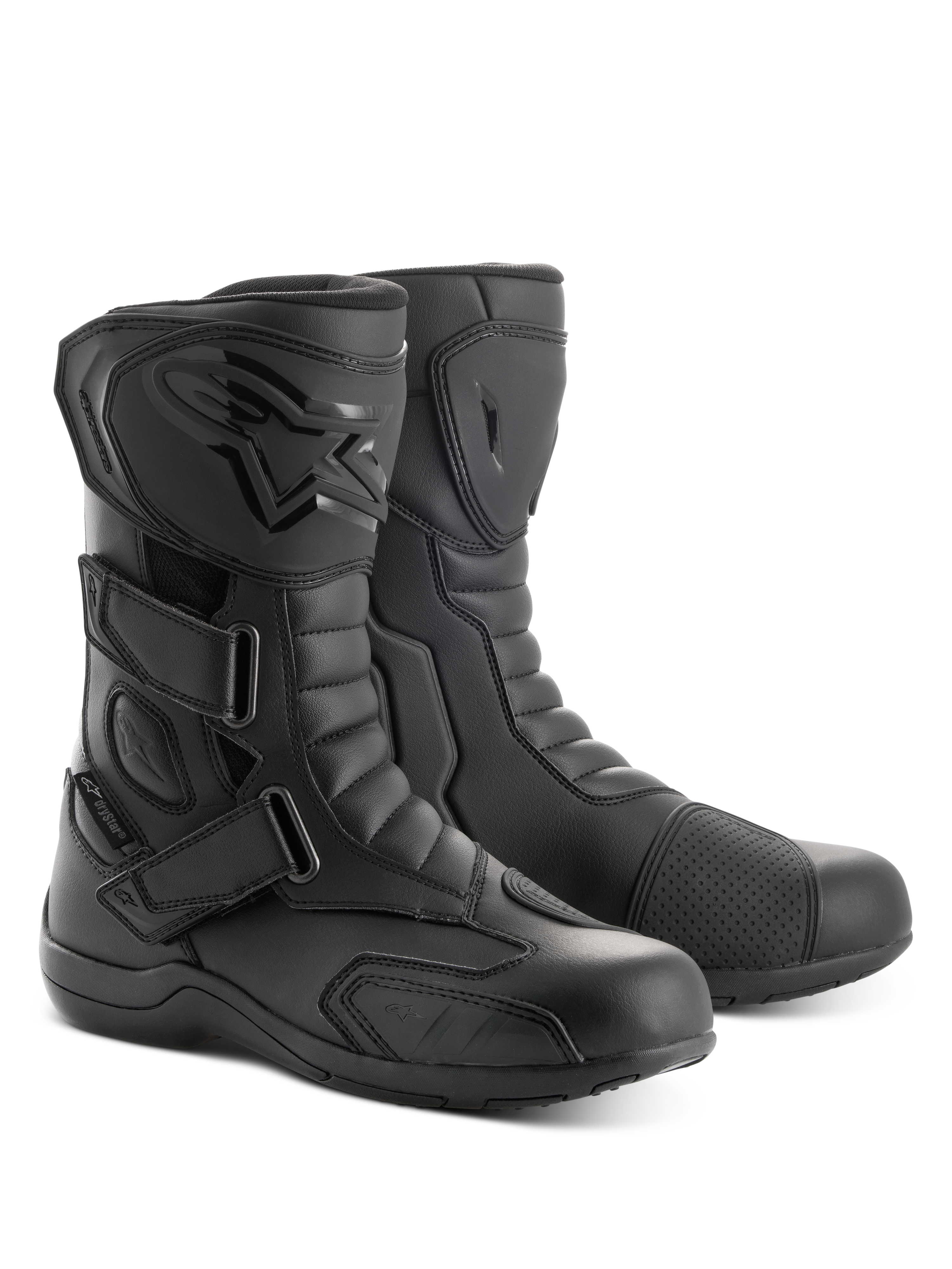 Alpinestars Radon Drystar® Stiefel, Motorrad-Tourenstiefel, Schwarz, mit drei verstellbaren Klettverschluss-Bändern, TPU-Schienbeinplatte mit geprägtem Logo und verstärktem Schaltpolster, strapazierfähige Mikrofaser-Konstruktion für Straßen- und Abenteuerfahrten
