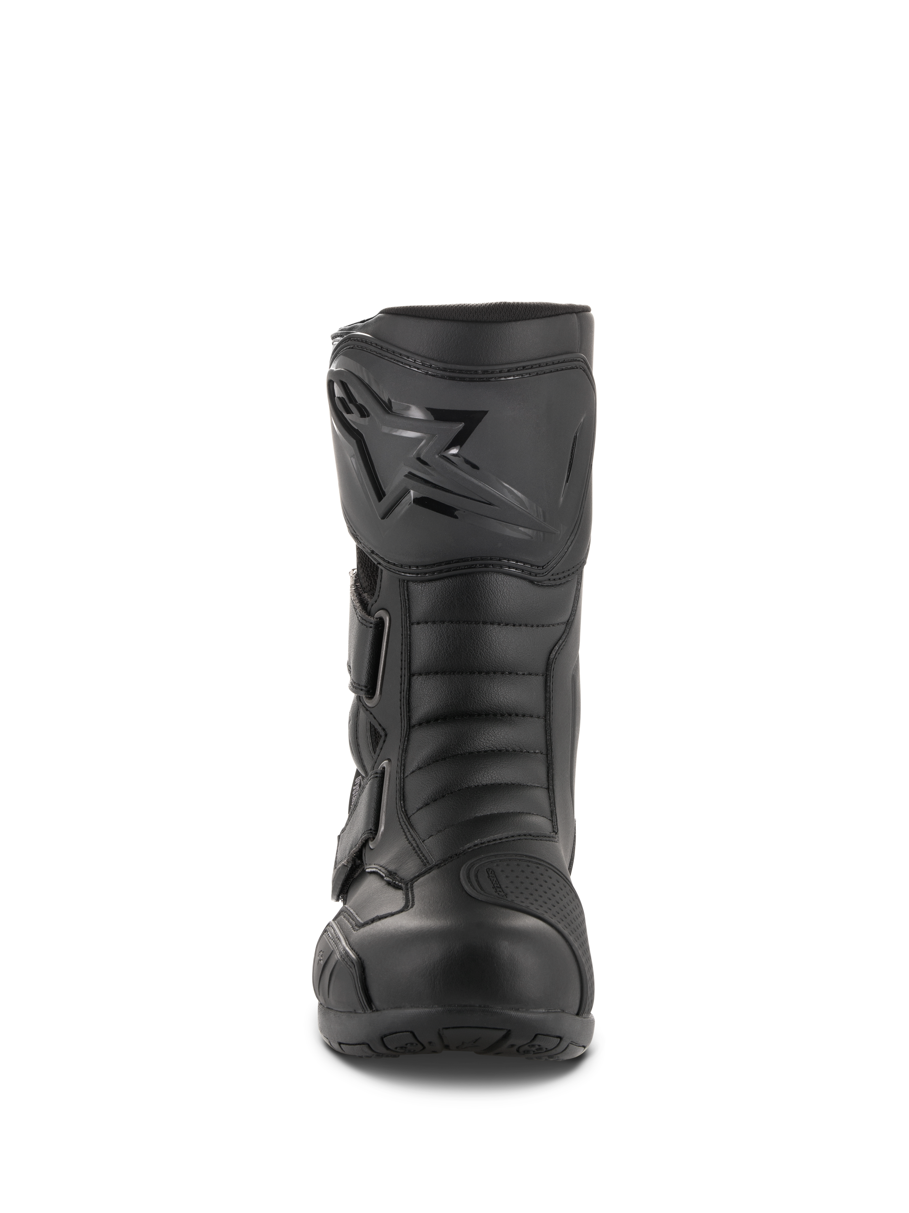 Alpinestars Radon Drystar® Stiefel, wasserdichte Touring-Motorradstiefel, Schwarz, Vorderansicht mit Schienbeinplatte und Alpinestars-Logo, verstellbare Riemen und verstärkte Zehenbox