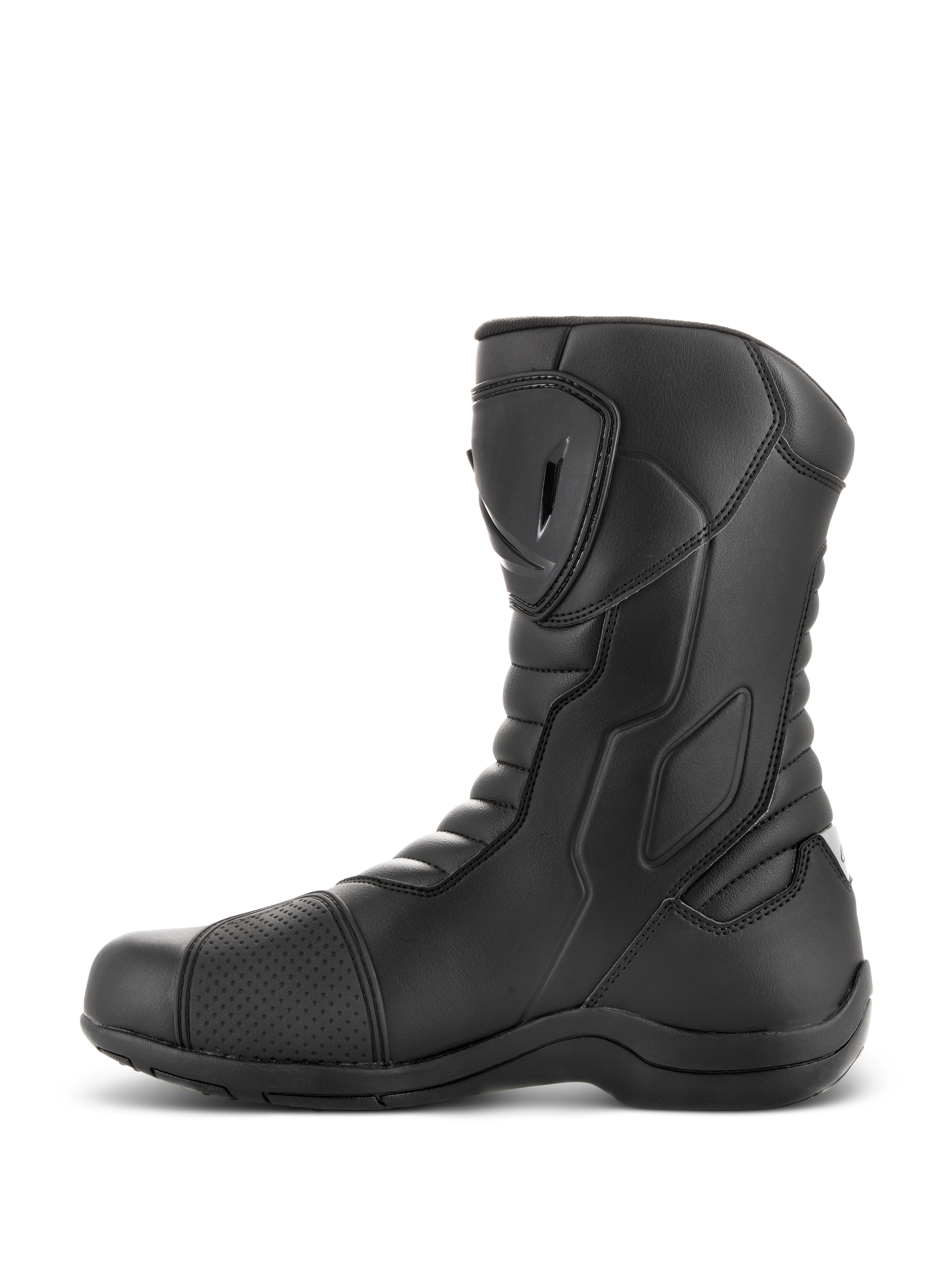 Alpinestars Radon Drystar® Stiefel, Motorrad-Tourenstiefel, Schwarz, Seitenprofilansicht mit TPU-Schienbeinplatte und Schaltpolster, Akkordeon-Flexzonen, langlebige Mikrofaser-Konstruktion für Adventure-Fahrten