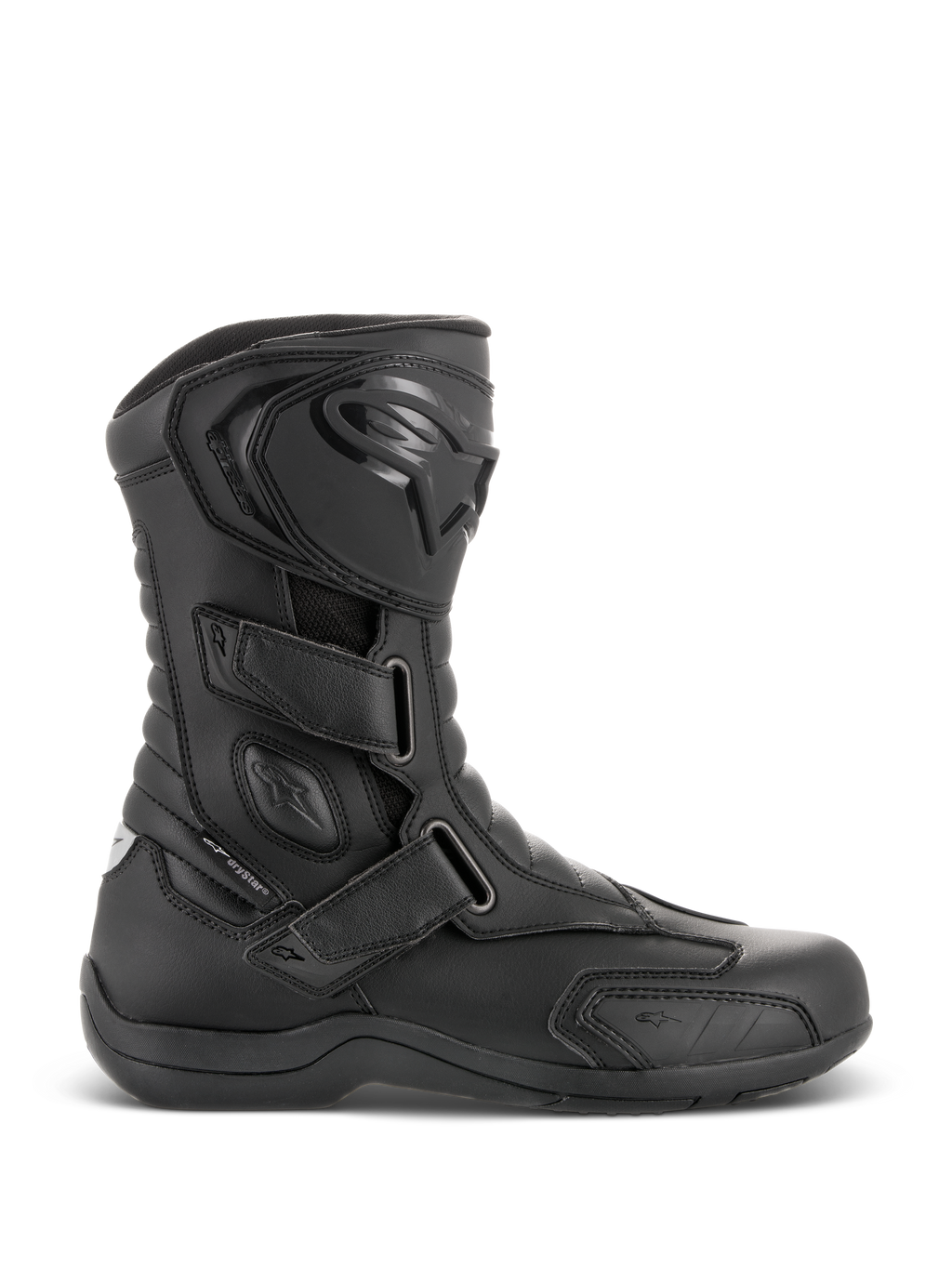 Alpinestars Radon Drystar® Stiefel, Schwarze wasserdichte Motorrad-Touringstiefel, Seitenansicht mit drei verstellbaren Klettverschlüssen, schützende TPU-Schienbeinplatte mit Alpinestars-Logo, verstärkter Knöchelschutz und strapazierfähige vulkanisierte Sohle.