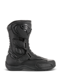 Alpinestars Radon Drystar® Stiefel, Schwarze wasserdichte Motorrad-Touringstiefel, Seitenansicht mit drei verstellbaren Klettverschlüssen, schützende TPU-Schienbeinplatte mit Alpinestars-Logo, verstärkter Knöchelschutz und strapazierfähige vulkanisierte Sohle.