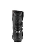 Alpinestars Radon Drystar® Stiefel, Schwarz, Motorrad-Tourenstiefel, Rückansicht mit Akkordeon-Flexzonen und silbernem Logo an der Ferse, strapazierfähige Mikrofaser-Konstruktion