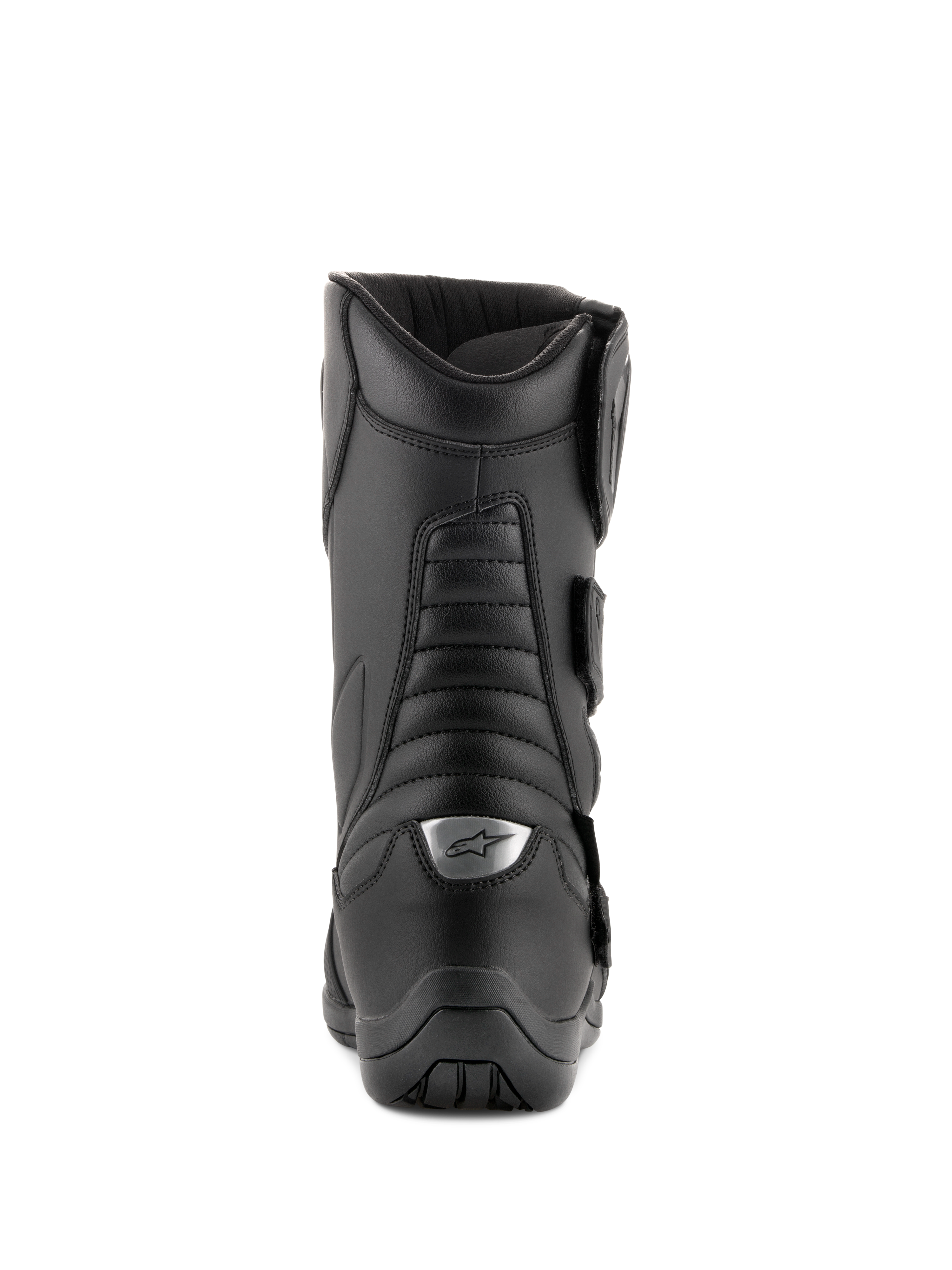 Alpinestars Radon Drystar® Stiefel, Schwarz, Motorrad-Tourenstiefel, Rückansicht mit Akkordeon-Flexzonen und silbernem Logo an der Ferse, strapazierfähige Mikrofaser-Konstruktion