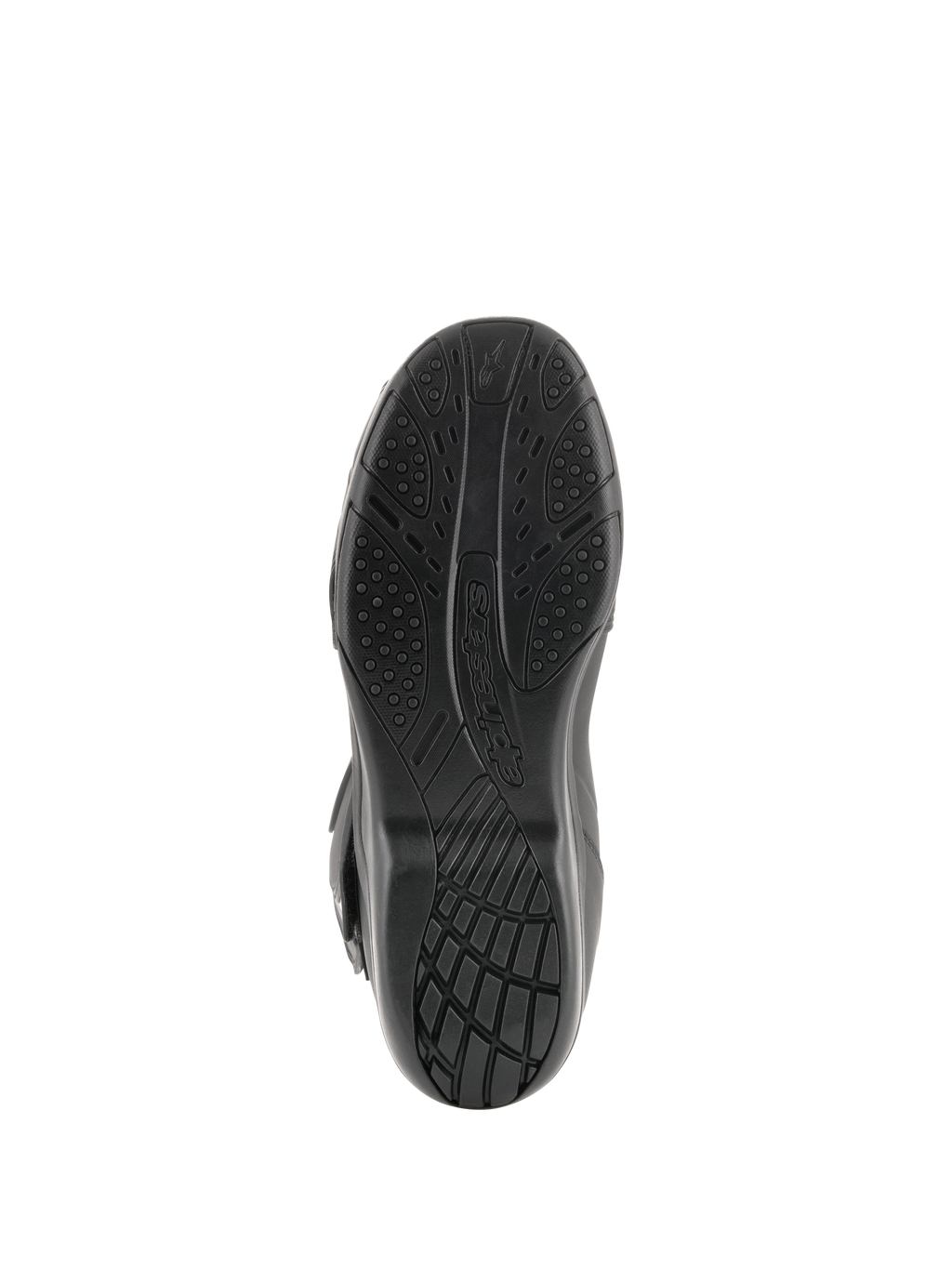 Alpinestars Radon Drystar® Stiefel, Motorrad-Tourenstiefel, Unteransicht der schwarzen vulkanisierten Gummisohle mit strukturierten Grip-Mustern und Alpinestars-Branding.