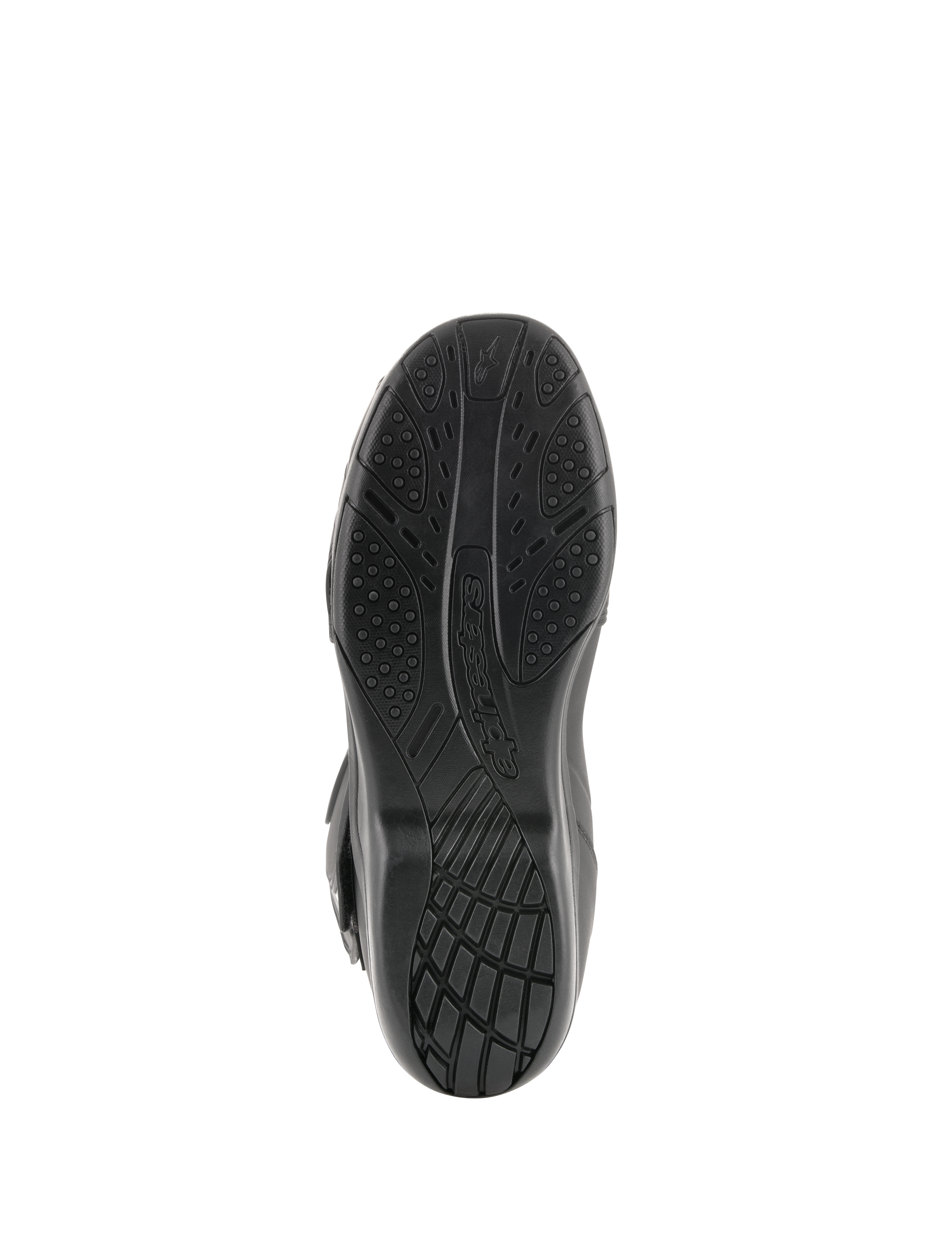 Alpinestars Radon Drystar® Stiefel, Motorrad-Tourenstiefel, Unteransicht der schwarzen vulkanisierten Gummisohle mit strukturierten Grip-Mustern und Alpinestars-Branding.