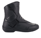 Alpinestars Ridge V2 Waterproof Boot, Side View of Black Tech Touring Motorcycle Boot, Durable Microfiber Construction with Perforated Panels, Wide Velcro Strap Closure, Accordion Flex Zones at the Ankle, Sleek Waterproof Design for All-Weather Road Riding