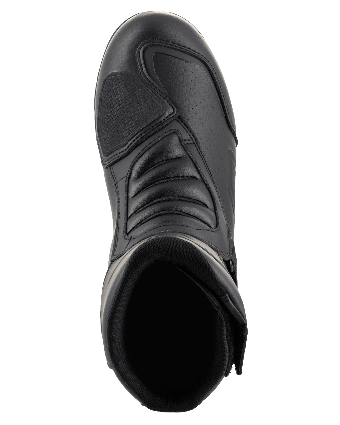 Alpinestars Ridge V2 Waterproof Boot, Black, top-down view showing toe shifter pad and accordion flex zones, durable microfiber construction with Velcro closure, designed for motorcycle touring and road riding
