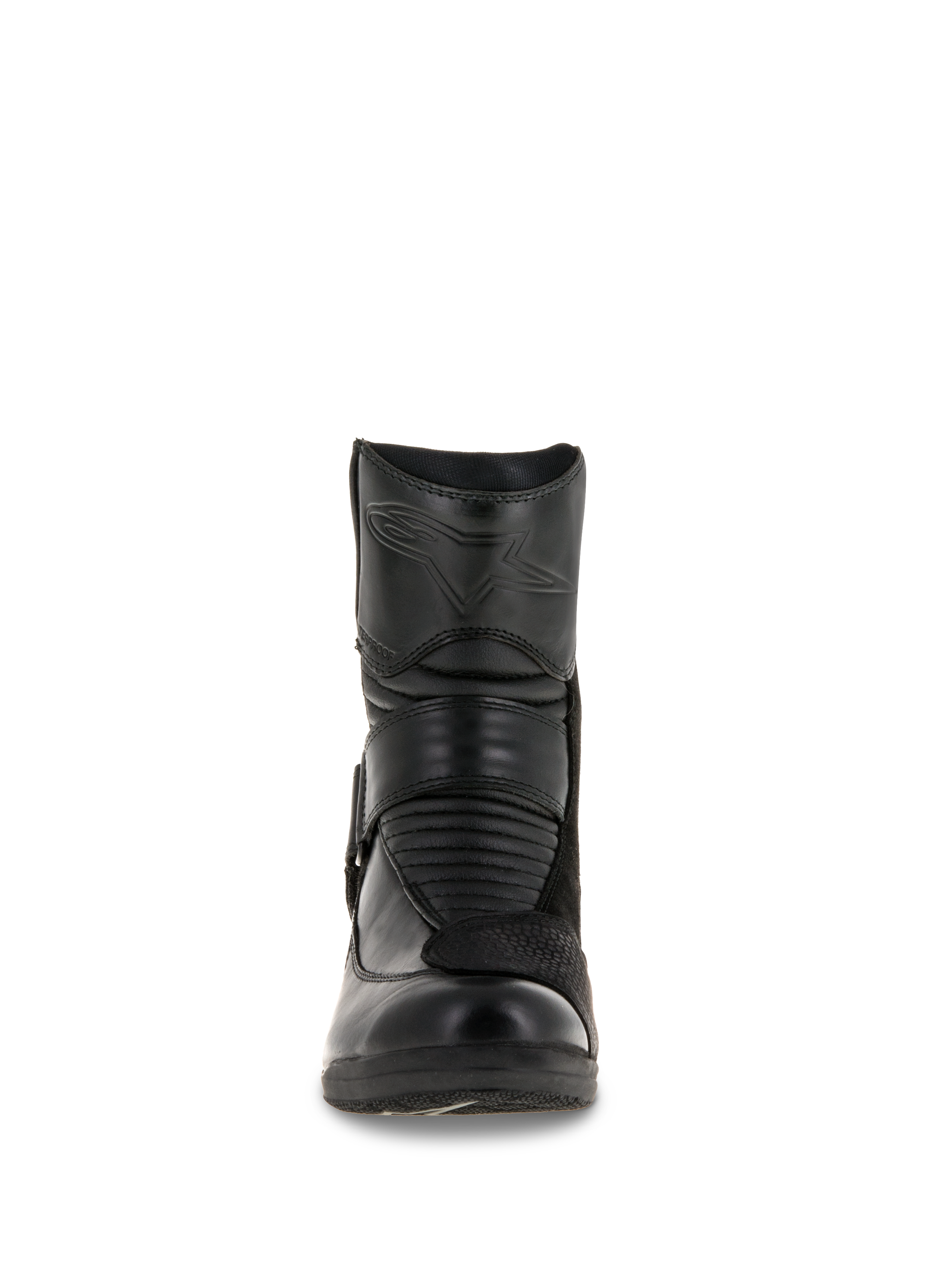 Alpinestars Women Stella Valencia Waterproof Boots, front view, solid black leather construction, featuring front accordion flex zones and embossed star logo on the shin, low-cut waterproof motorcycle touring boot