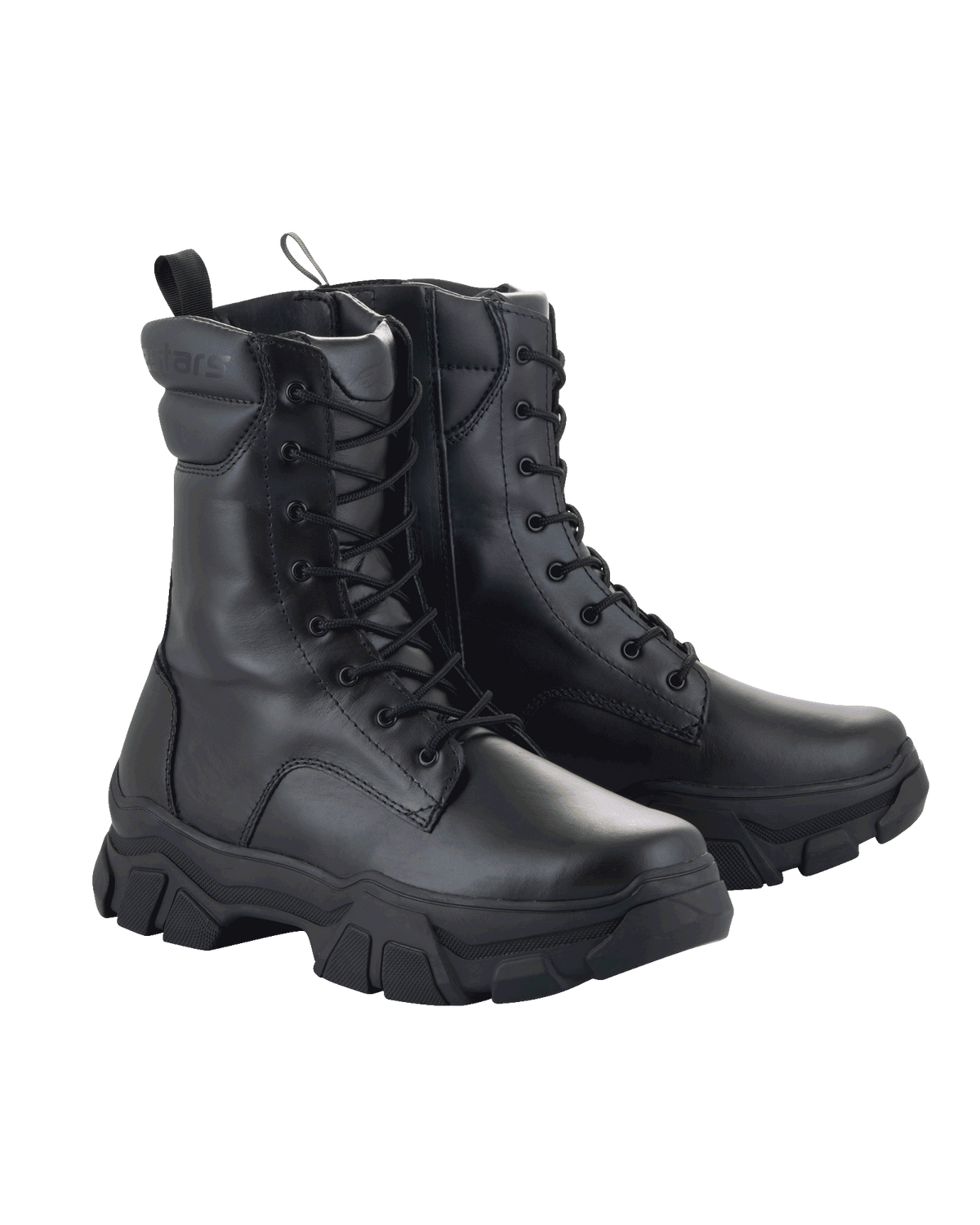 Alpinestars Ava Damen-Stiefel, Urbane Motorradstiefel, Schwarz, Vollnarbenleder-Konstruktion, klobige erhöhte Gummisohle, Schnürung vorne mit seitlichem Reißverschluss, robuster utilitaristischer Stil