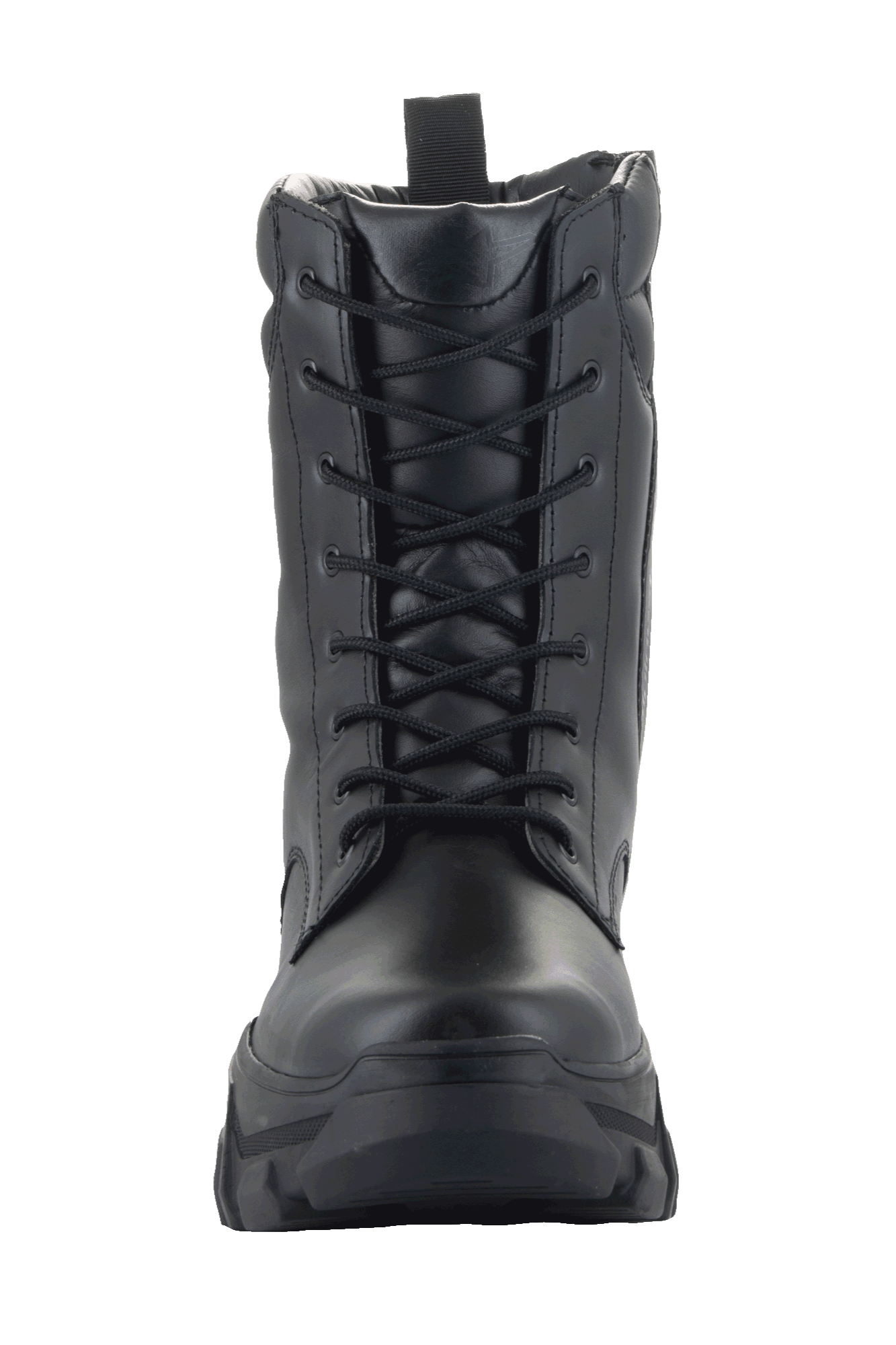 Alpinestars Ava Women's Boots, Urban Motorcycle Boots, Black, front view showing full-grain leather construction, lace-up closure, and chunky elevated sole, rugged utilitarian style for motorcycle riding