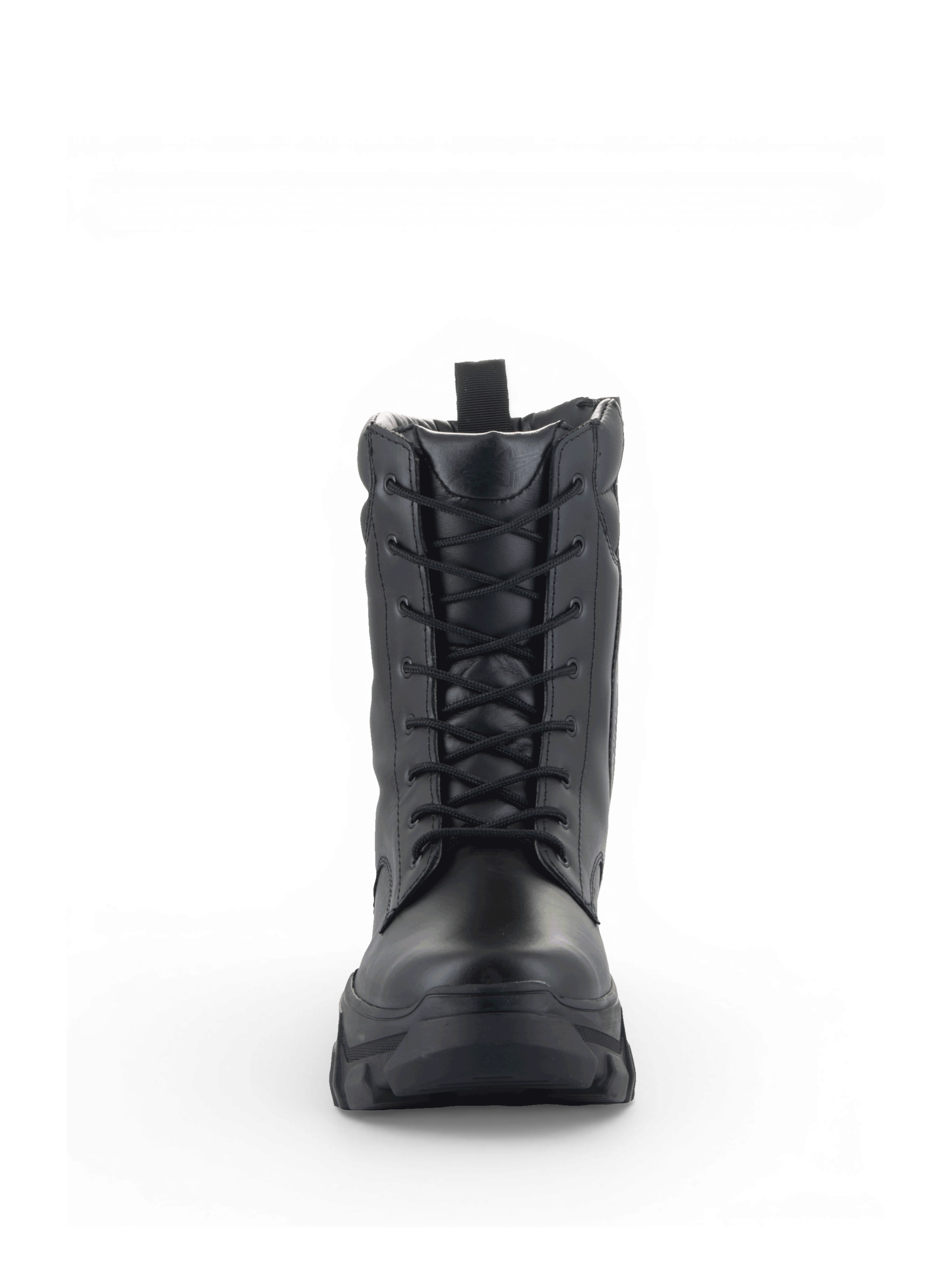 Alpinestars Ava Stiefel, Urban Motorradstiefel für Damen, Schwarz, aus Leder mit Frontschnürung und markanter erhöhter Sohle, Frontansicht.