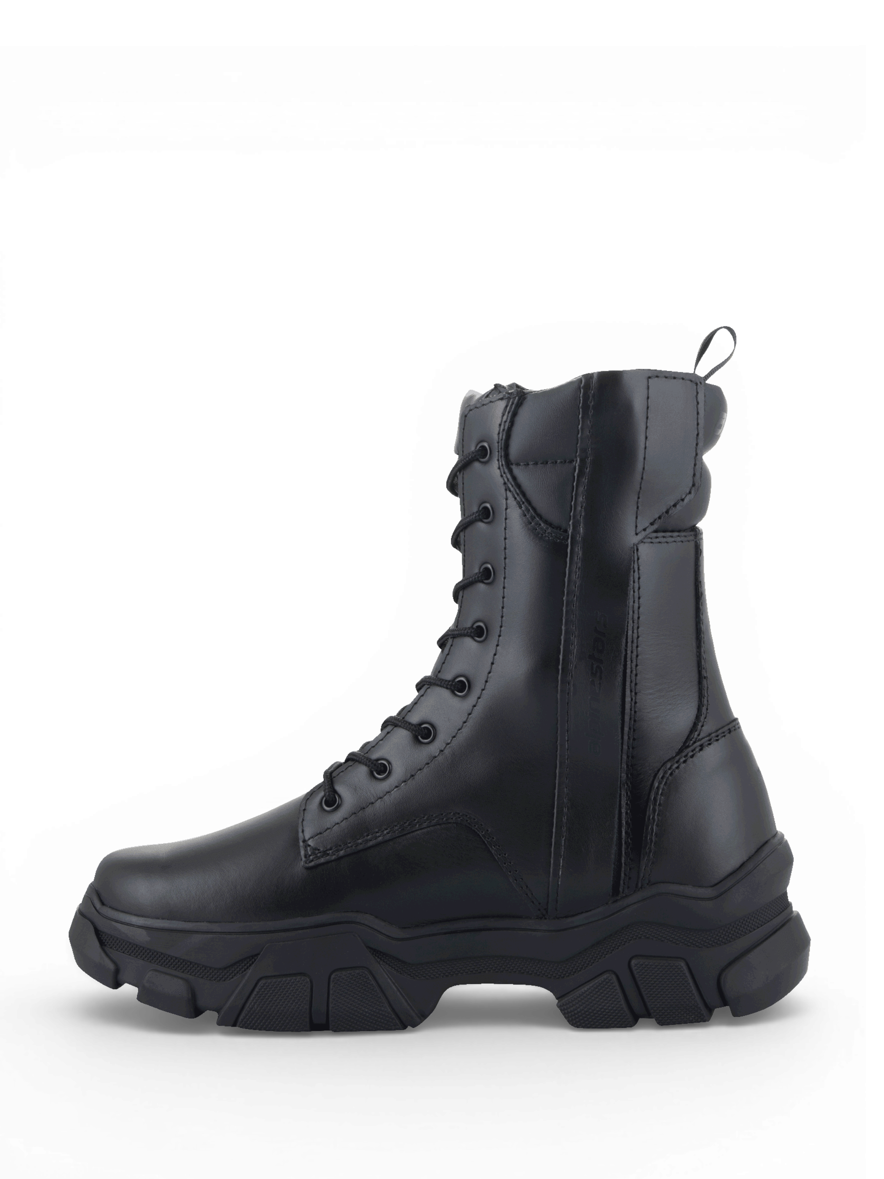 Alpinestars Ava Stiefel, urbaner Damen-Motorradstiefel aus schwarzem Leder mit markanter erhöhter Gummisohle.