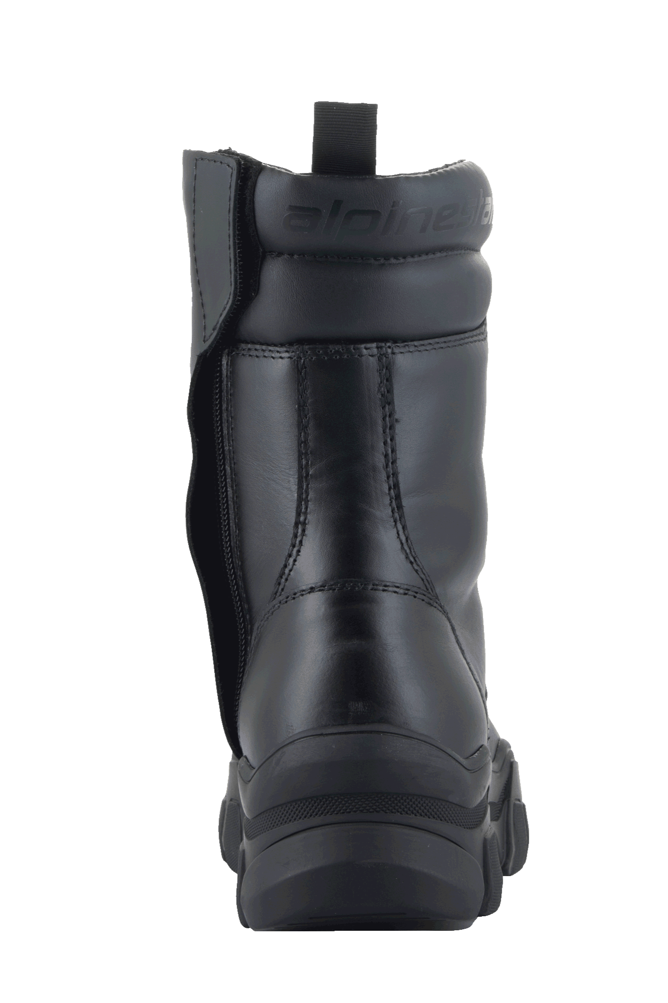 Alpinestars Ava Women Boots, Black, rear view showing elevated chunky rubber sole and medial side zipper, full-grain leather construction with padded ankle collar and embossed logo, modern urban footwear for motorcycling.